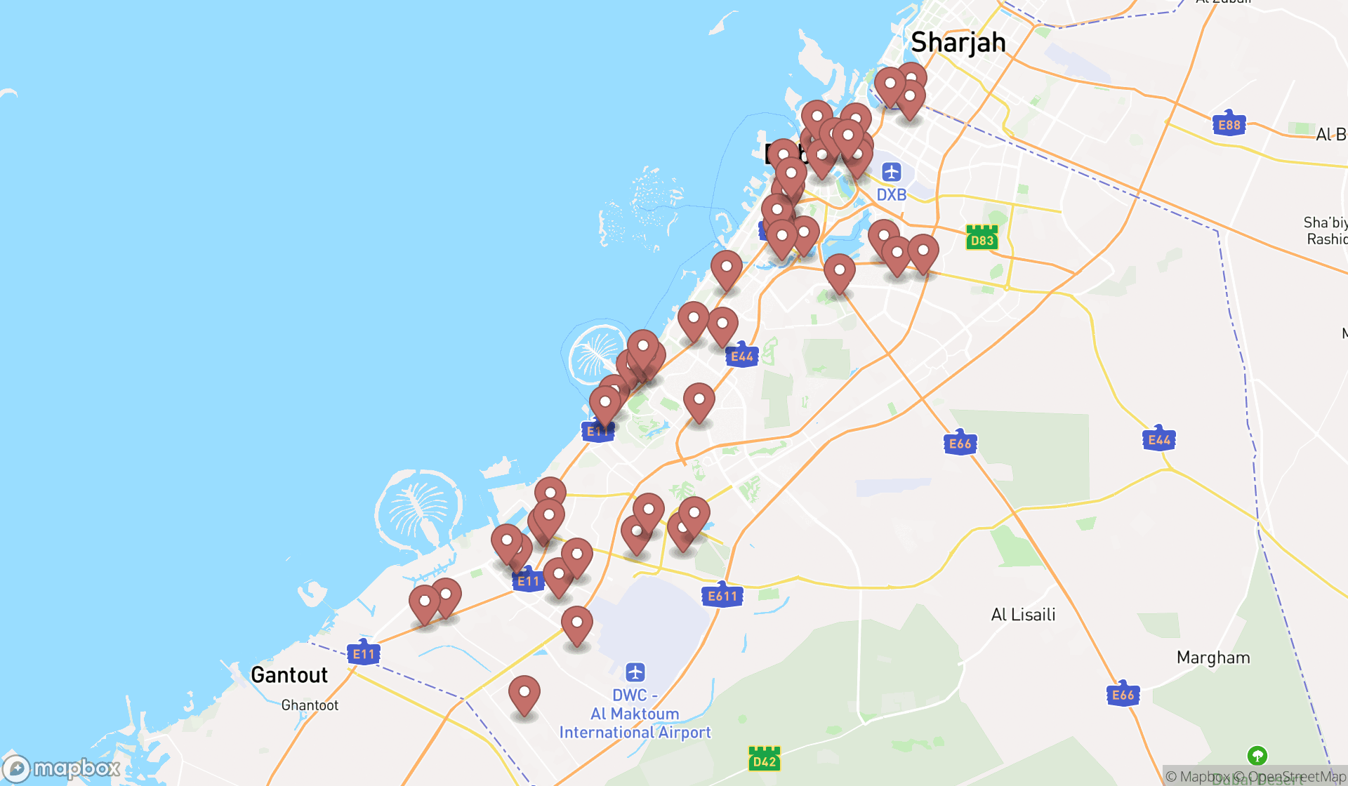 Map showing the search results in Dubai