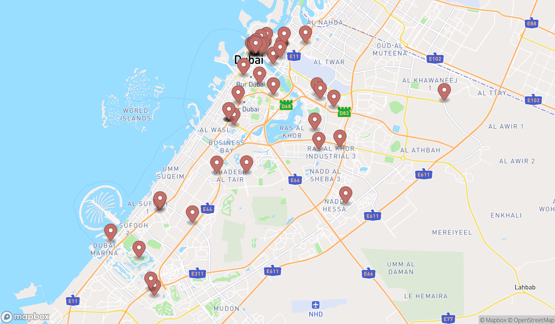 Map showing the search results in Dubai