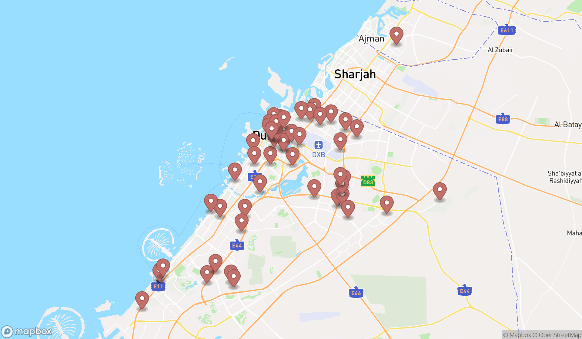 Map showing the search results in Dubai