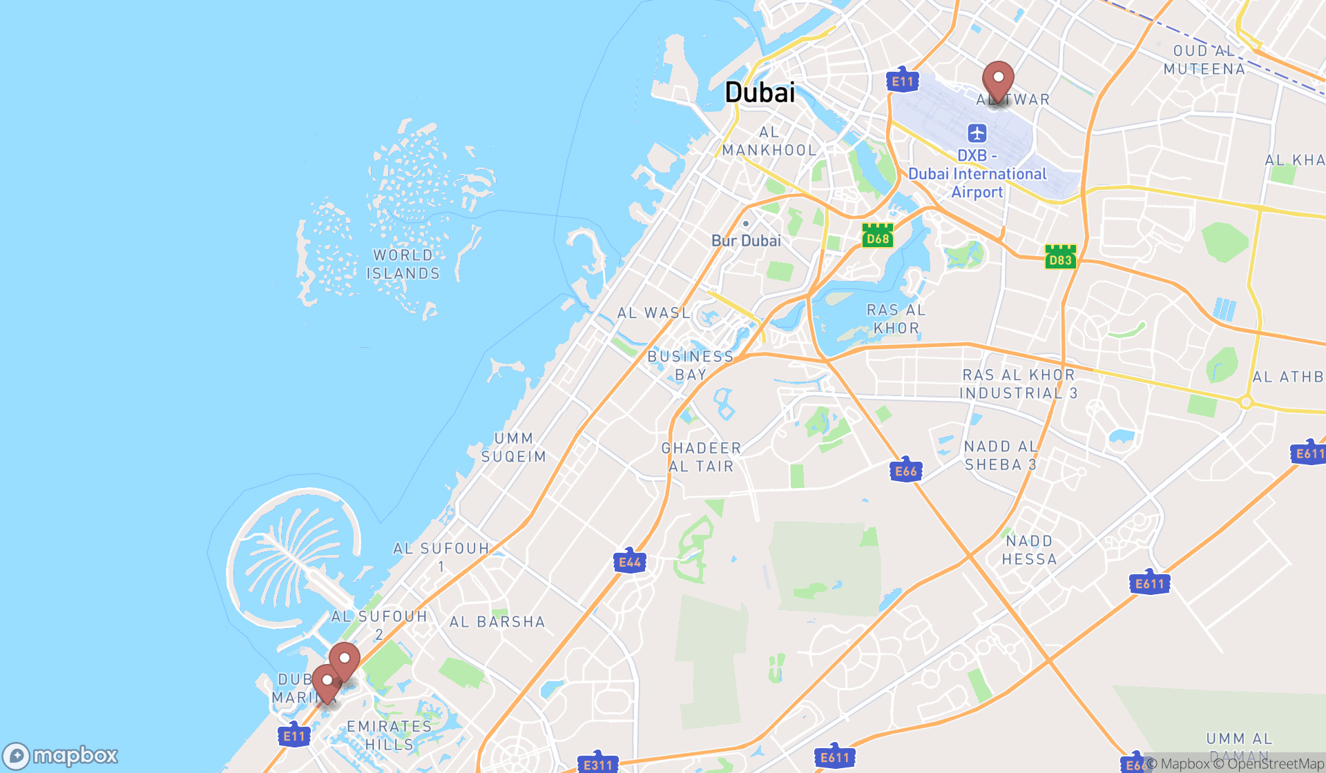 Map showing the search results in Dubai