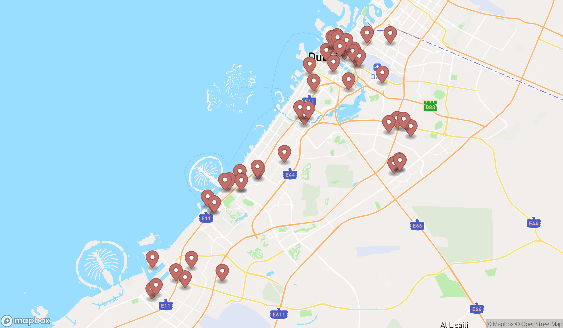 Map showing the search results in Dubai
