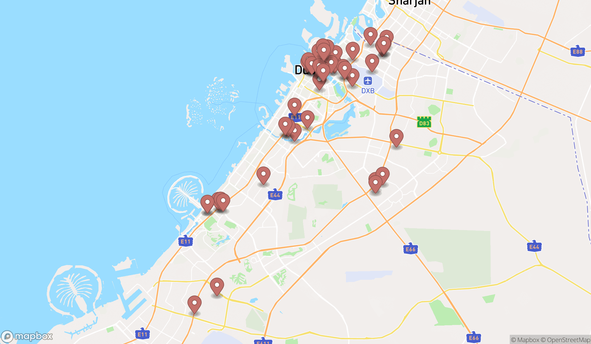 Map showing the search results in Dubai