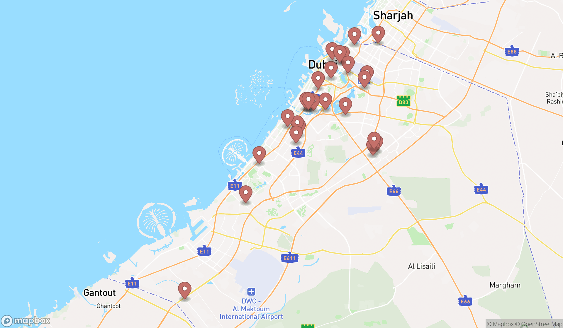 Map showing the search results in Dubai