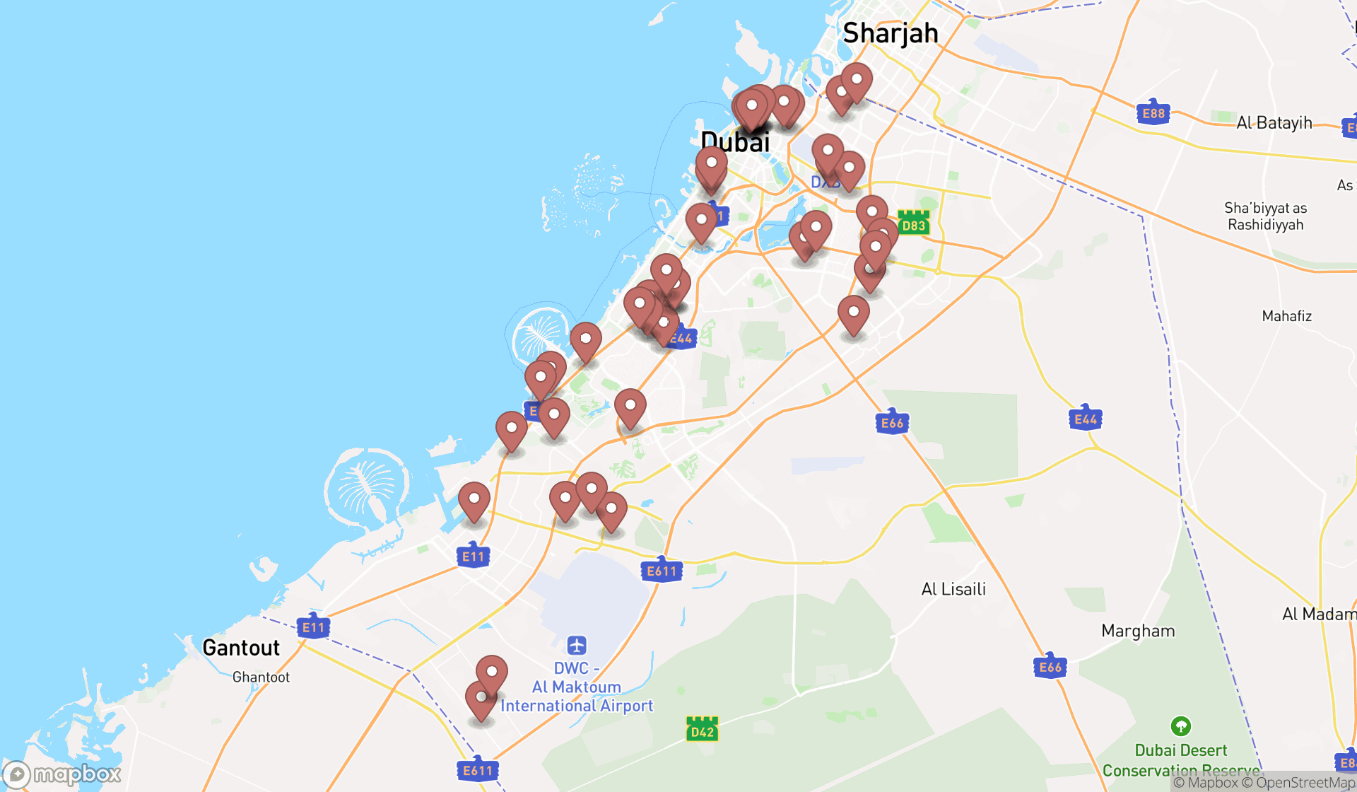 Map showing the search results in Dubai