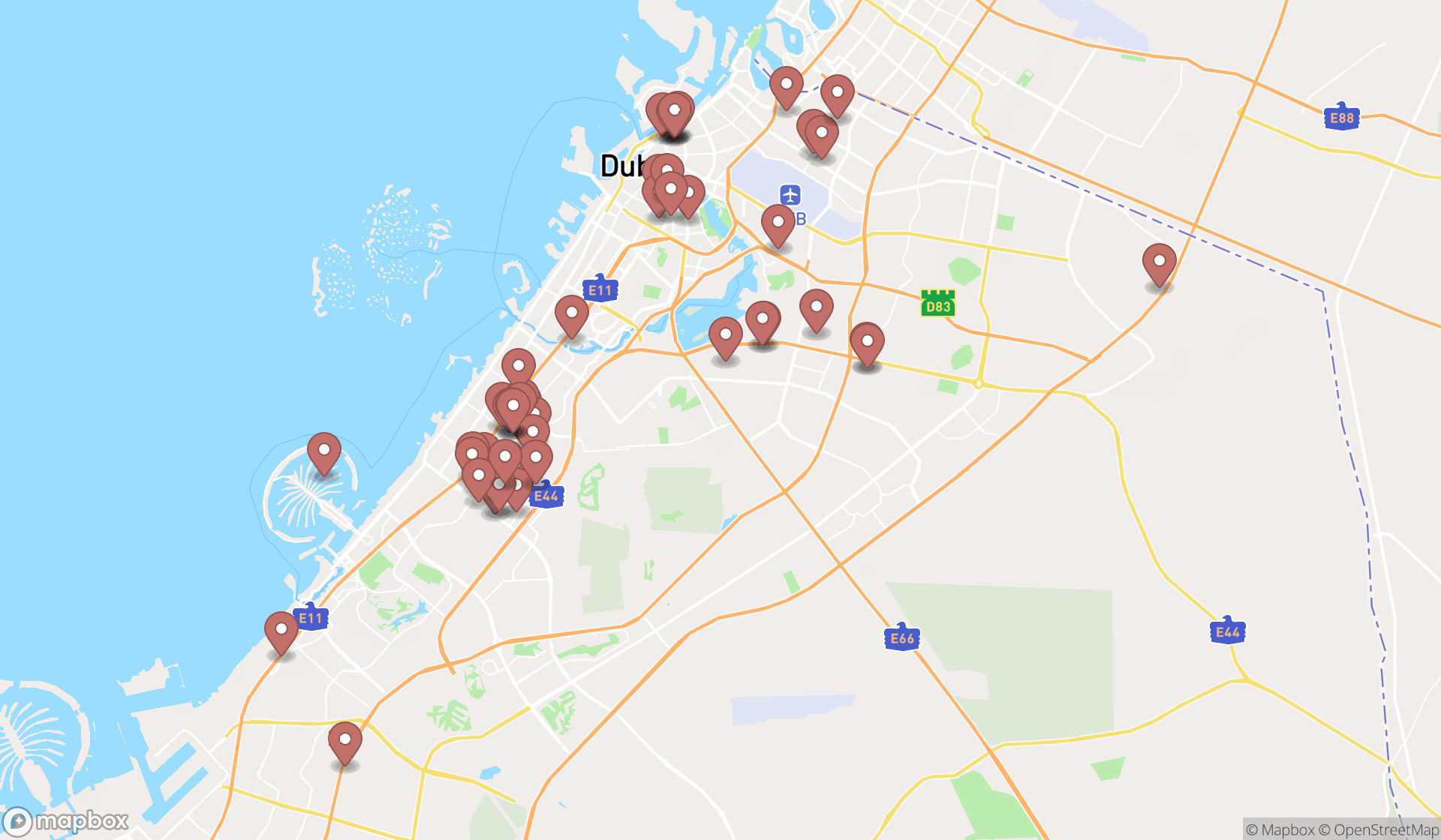 Map showing the search results in Dubai