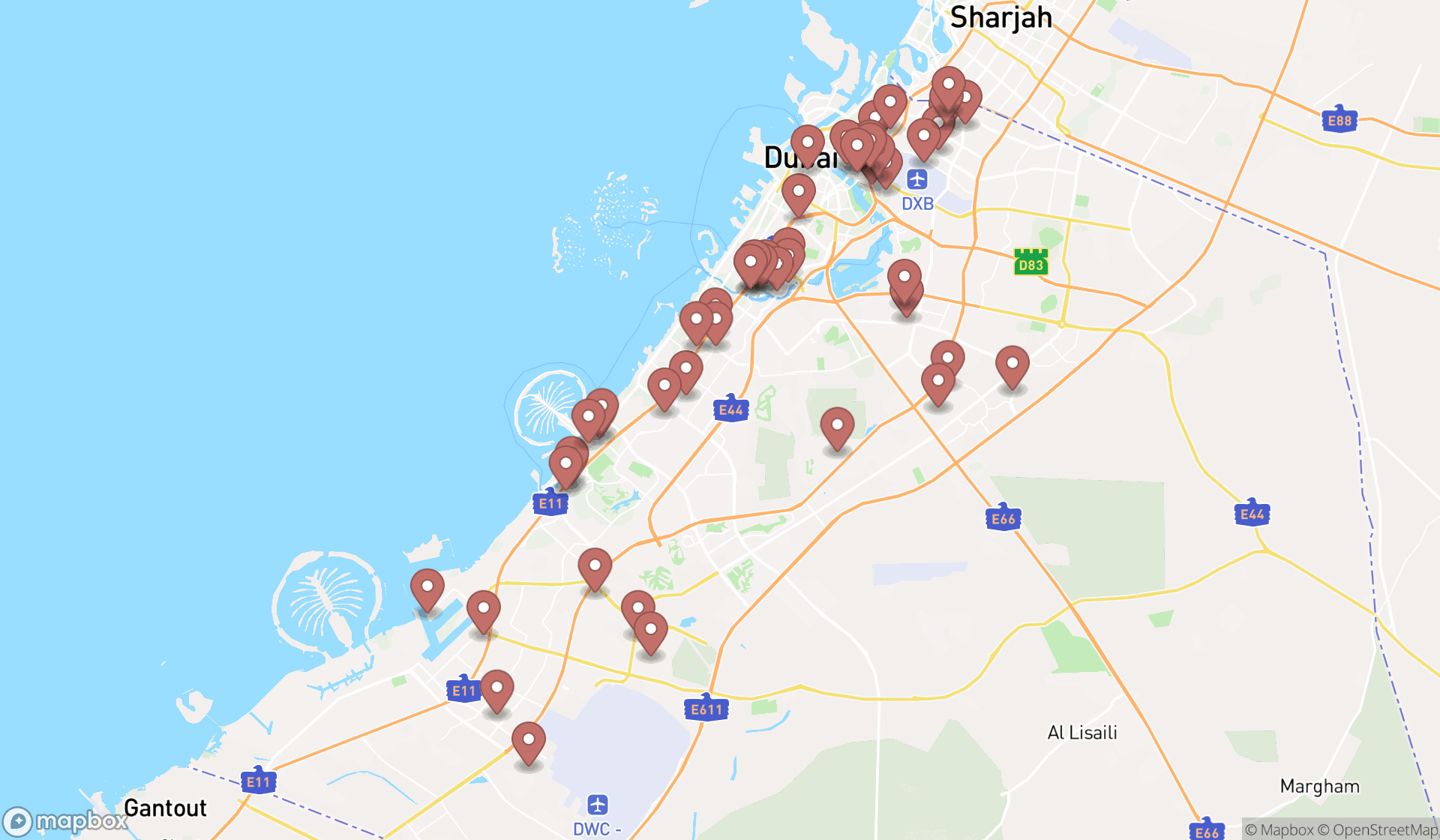 Map showing the search results in Dubai