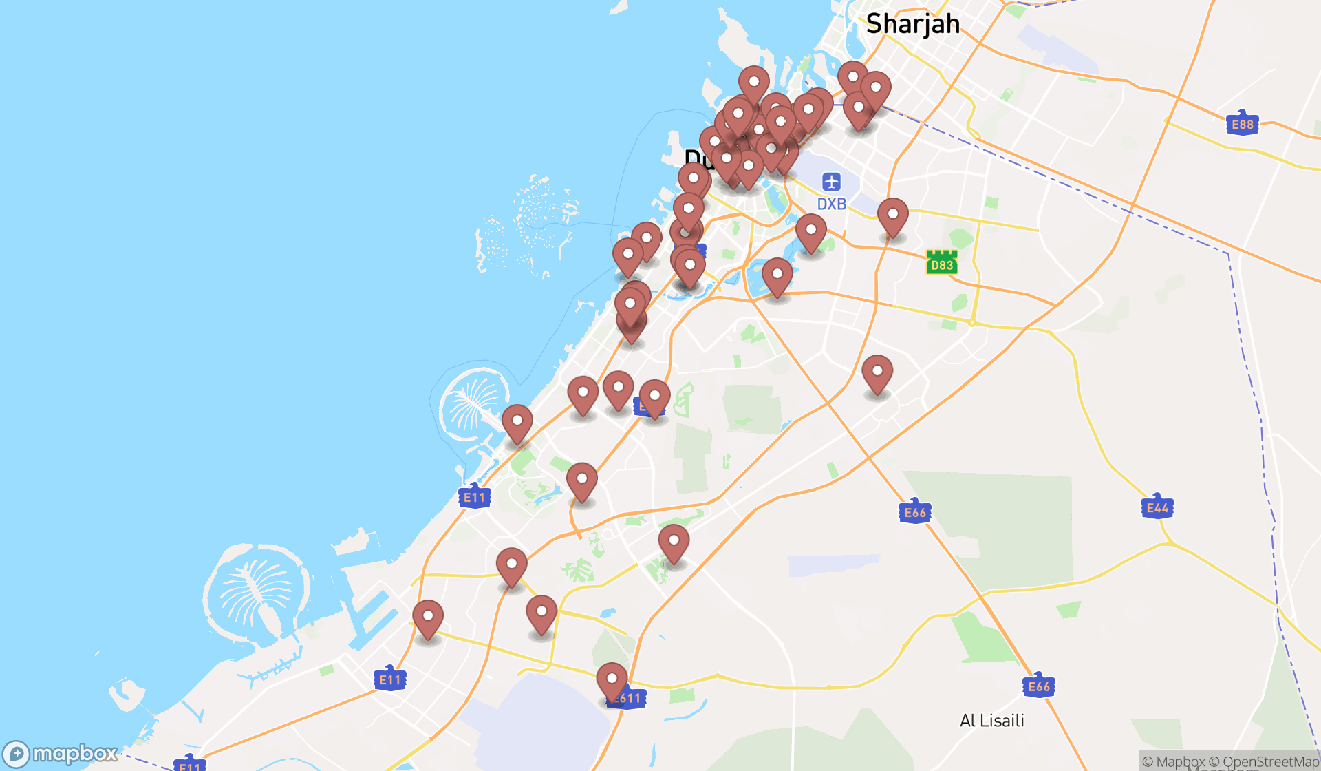 Map showing the search results in Dubai