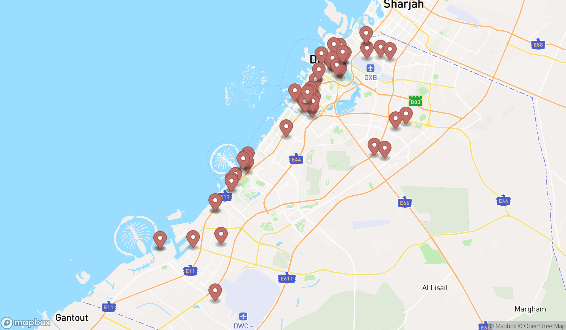 Map showing the search results in Dubai