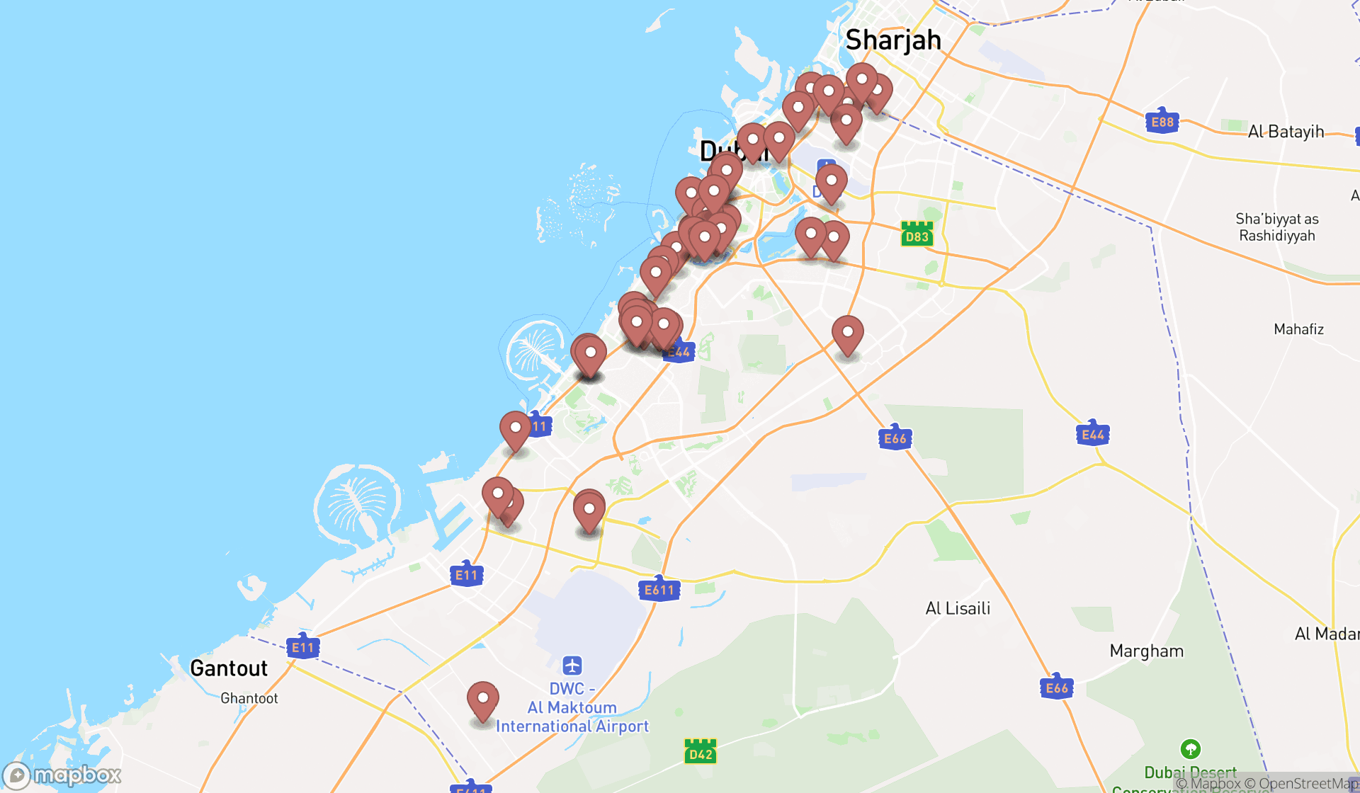 Map showing the search results in Dubai
