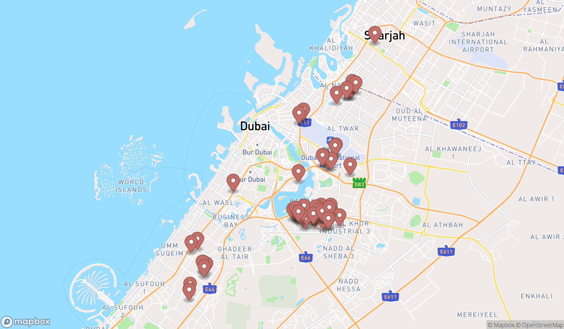 Map showing the search results in Dubai
