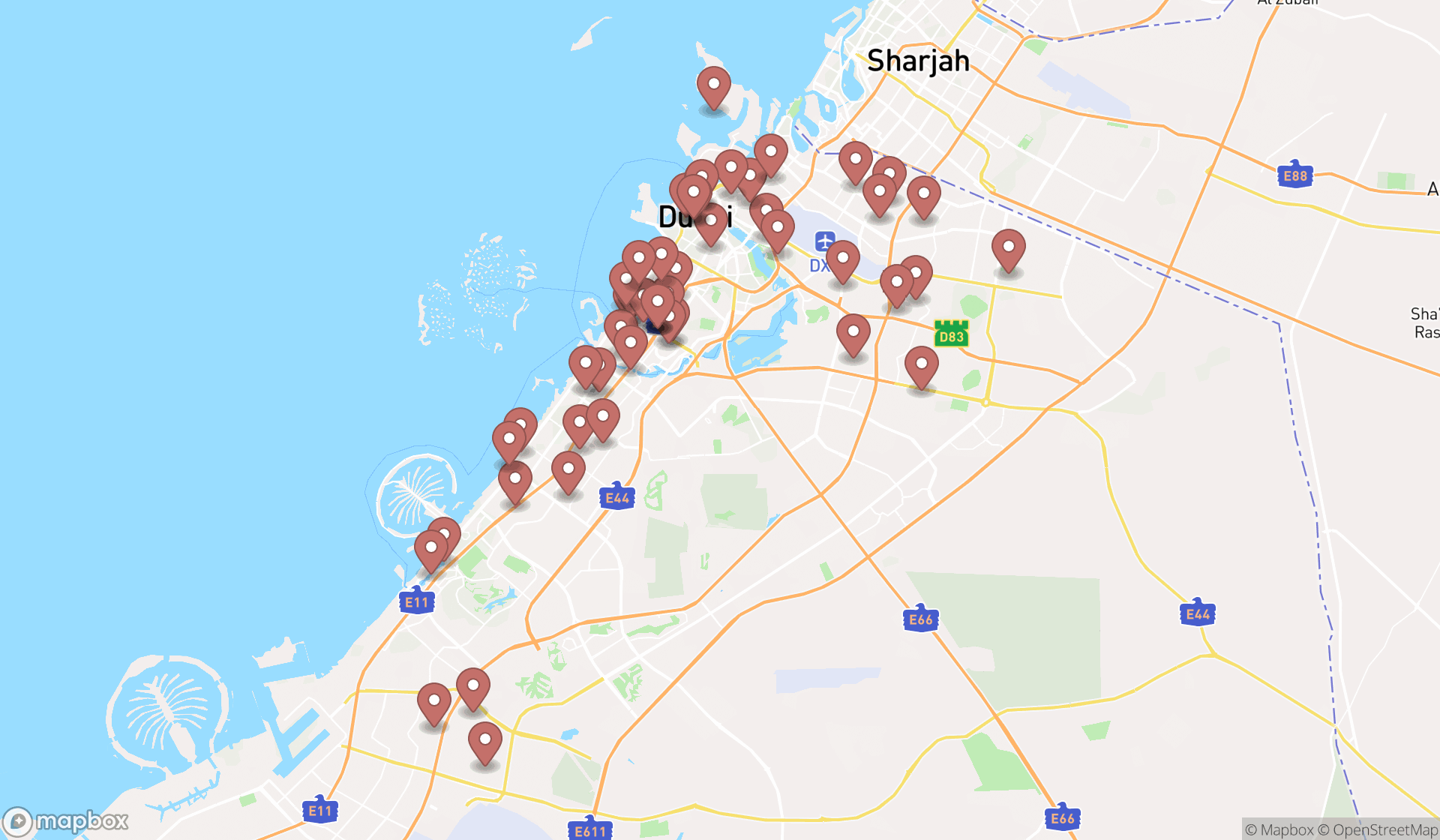Map showing the search results in Dubai