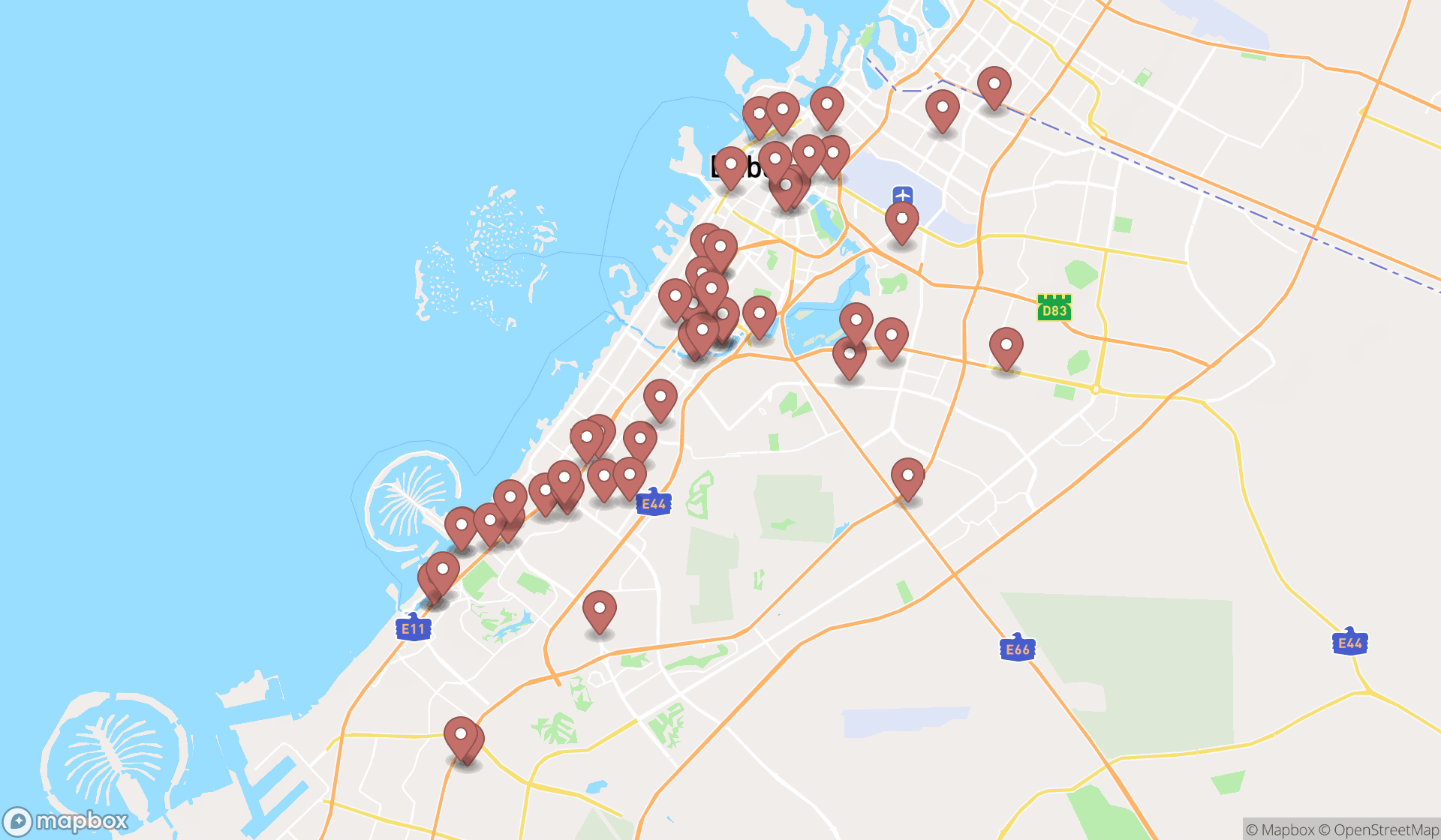 Map showing the search results in Dubai