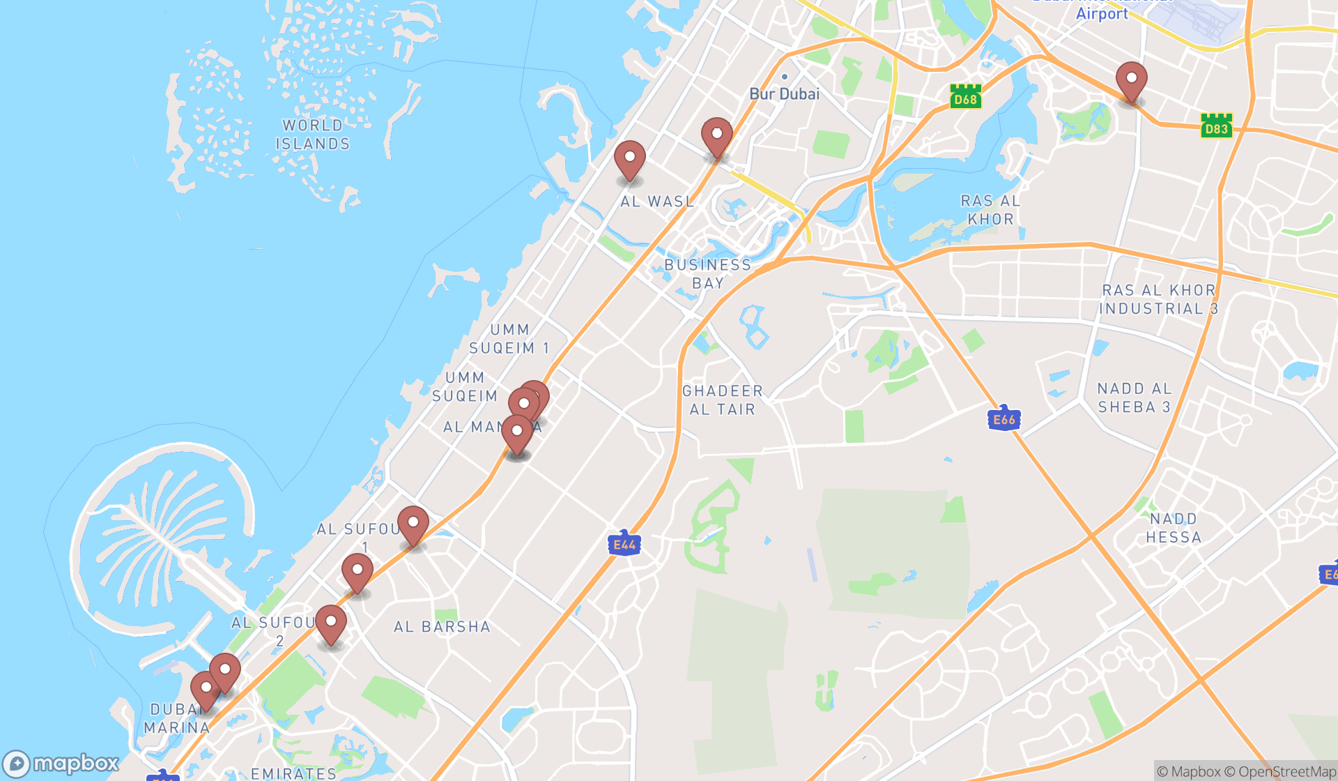 Map showing the search results in Dubai