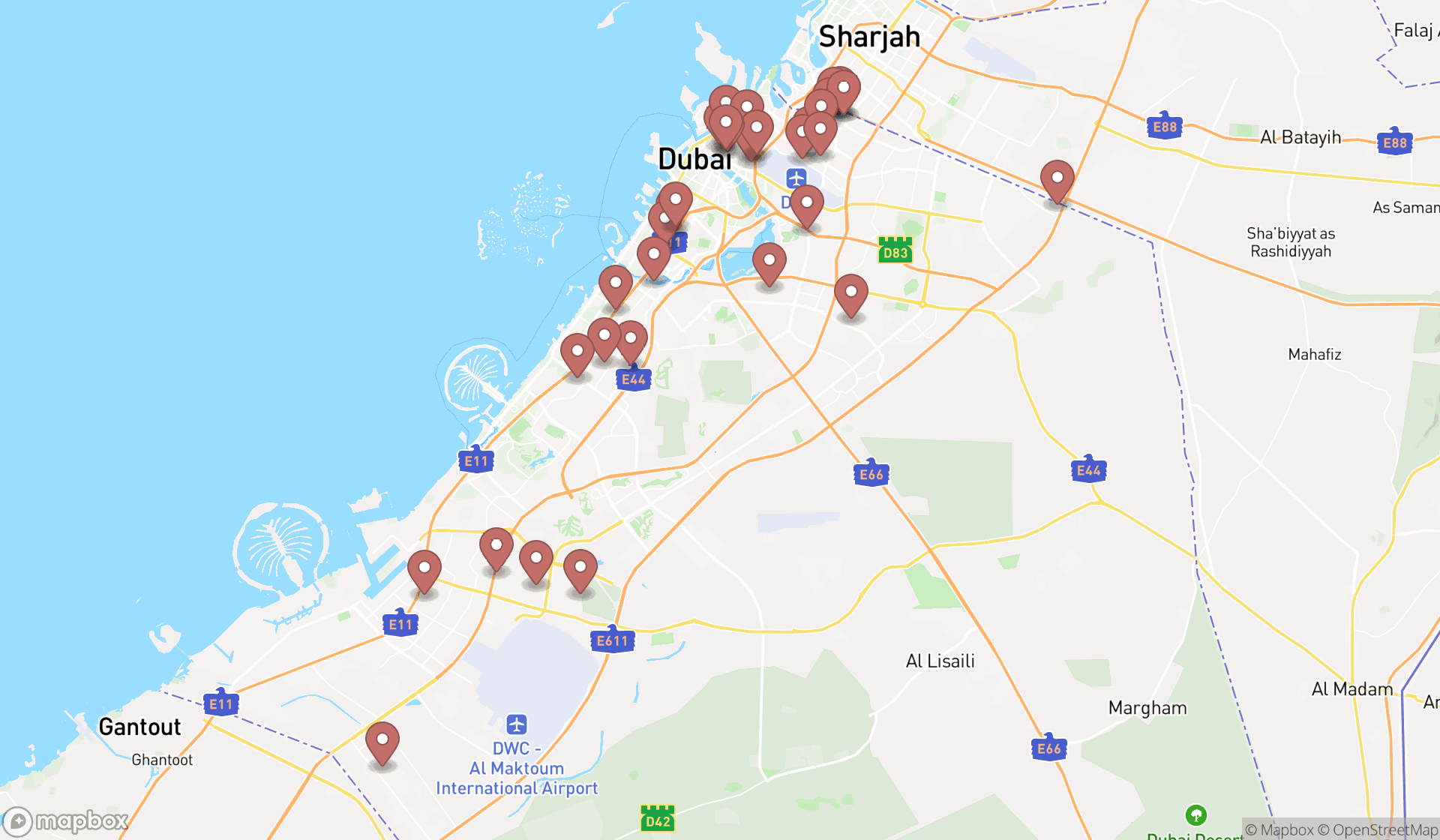 Map showing the search results in Dubai