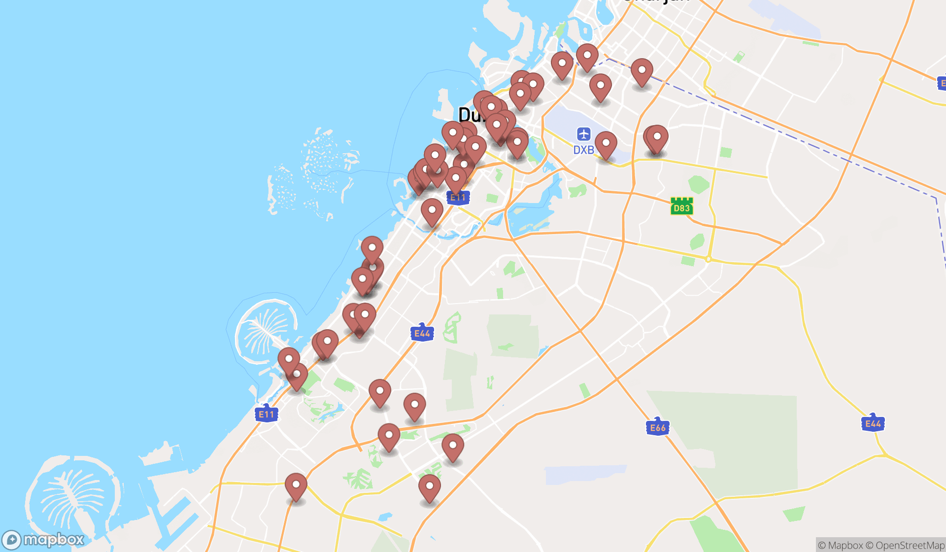 Map showing the search results in Dubai