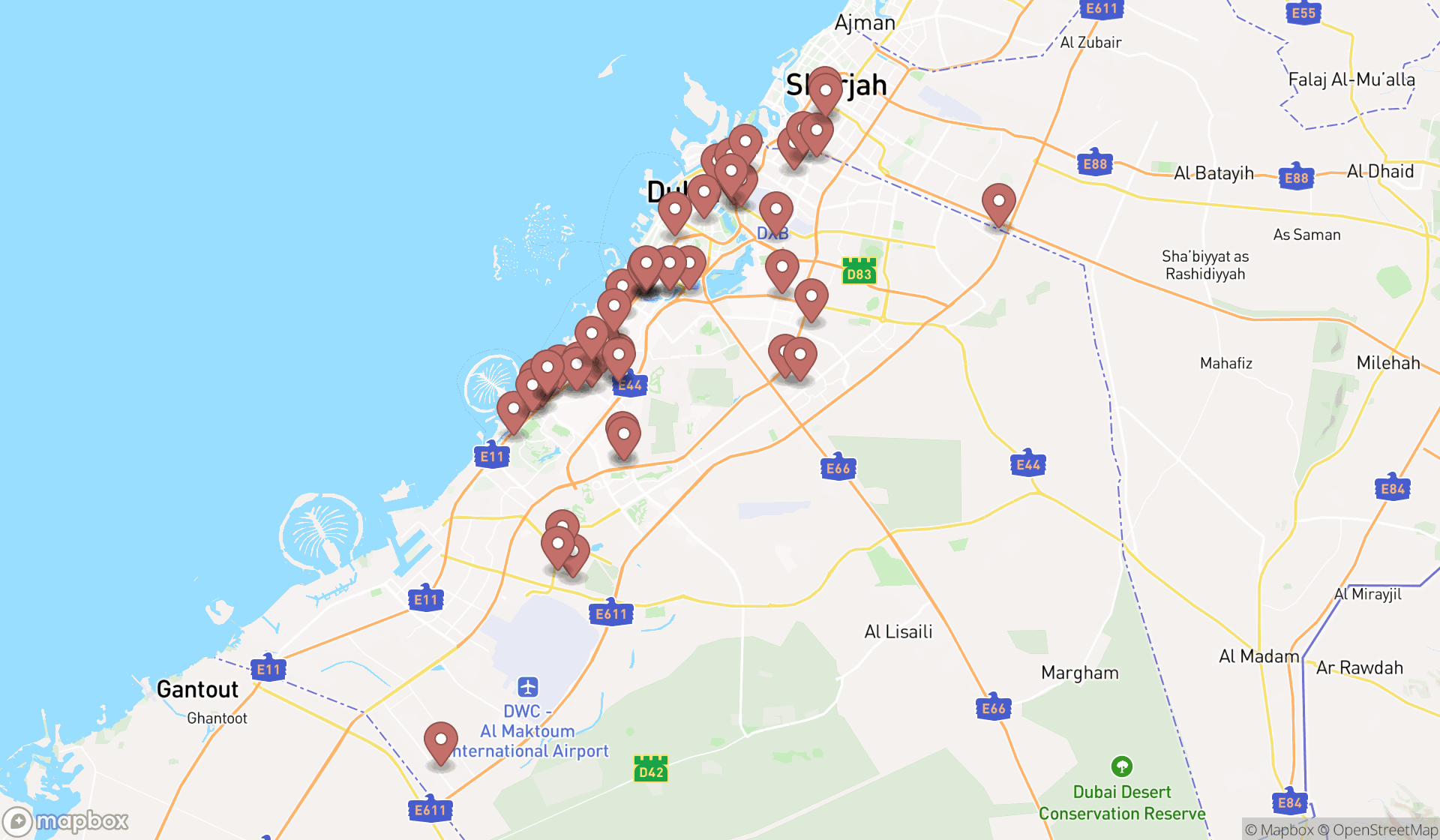 Map showing the search results in Dubai