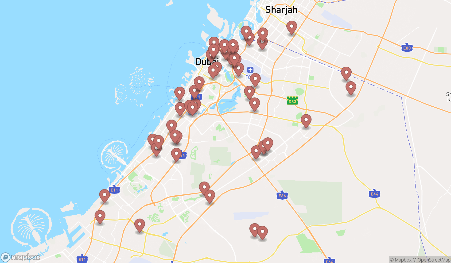 Map showing the search results in Dubai