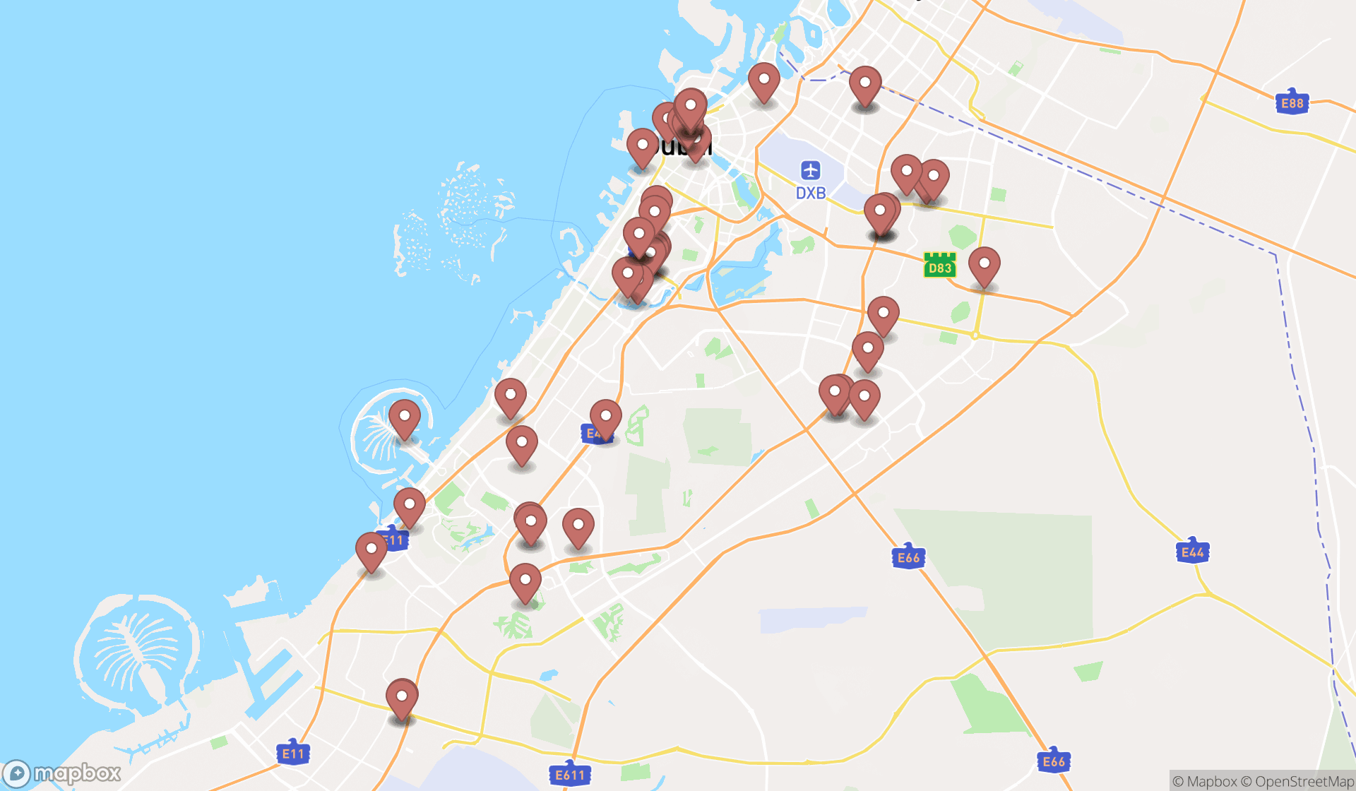 Map showing the search results in Dubai