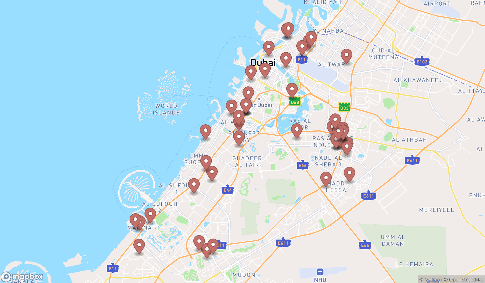 Map showing the search results in Dubai
