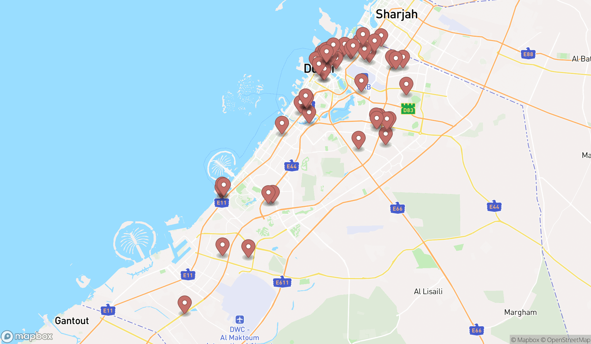 Map showing the search results in Dubai