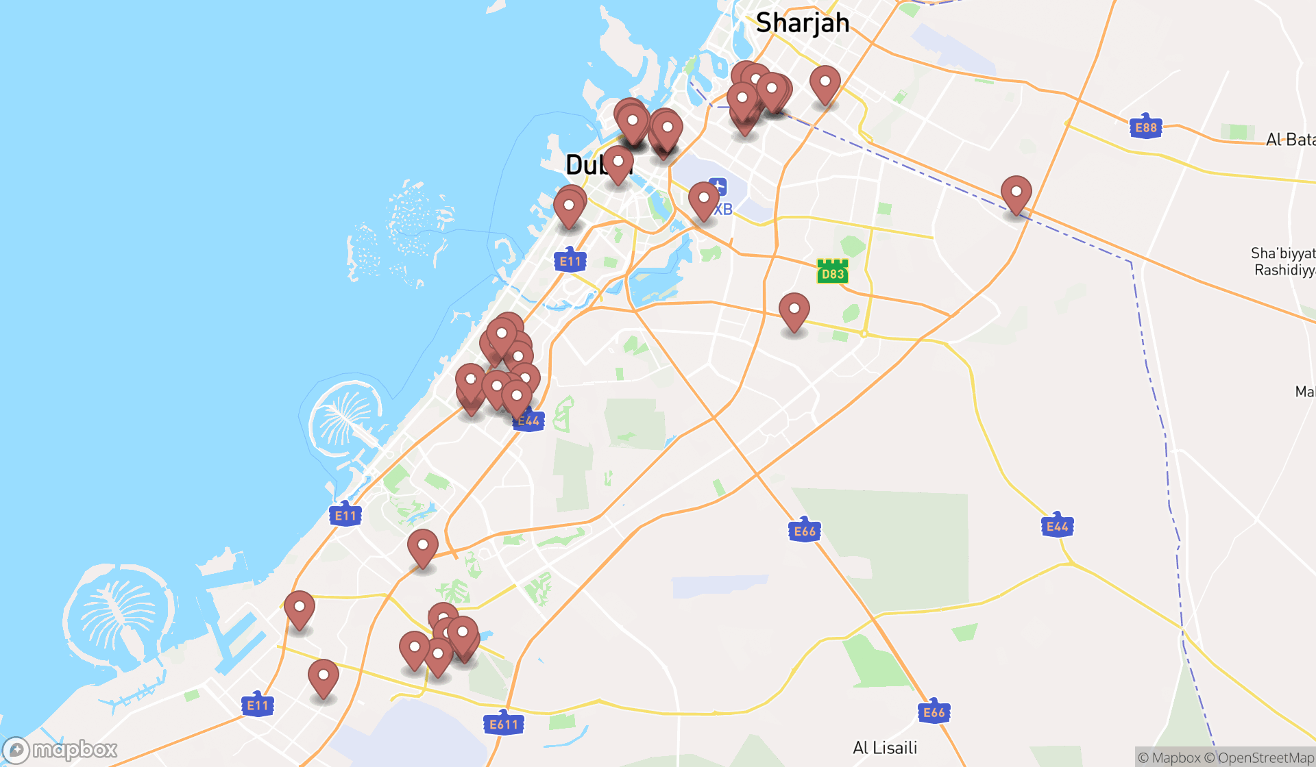 Map showing the search results in Dubai
