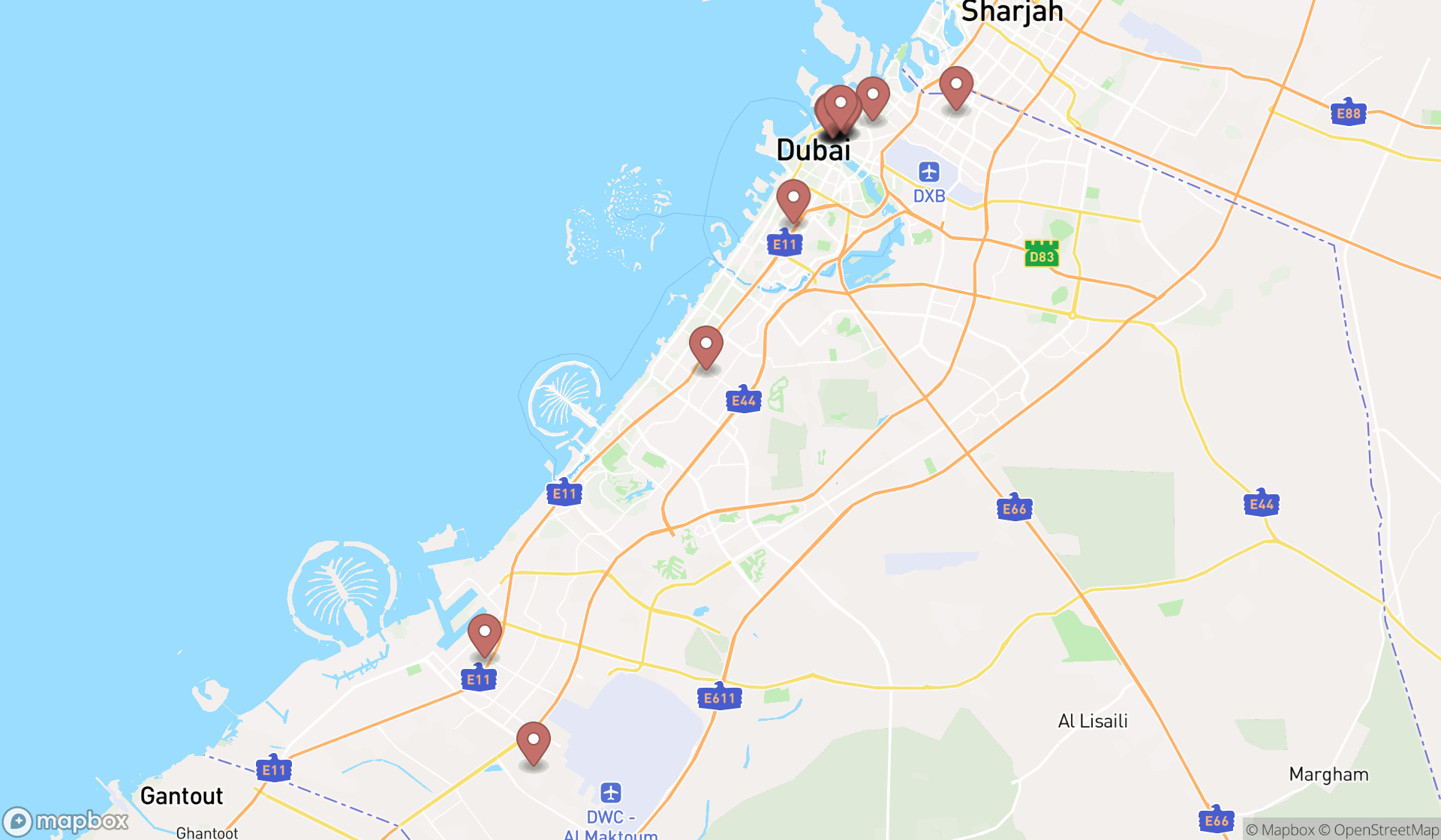 Map showing the search results in Dubai