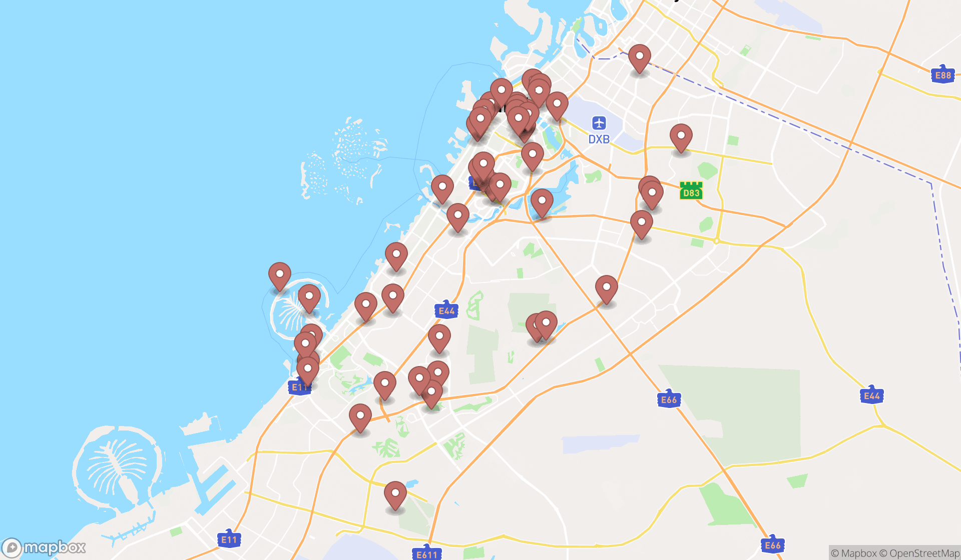 Map showing the search results in Dubai