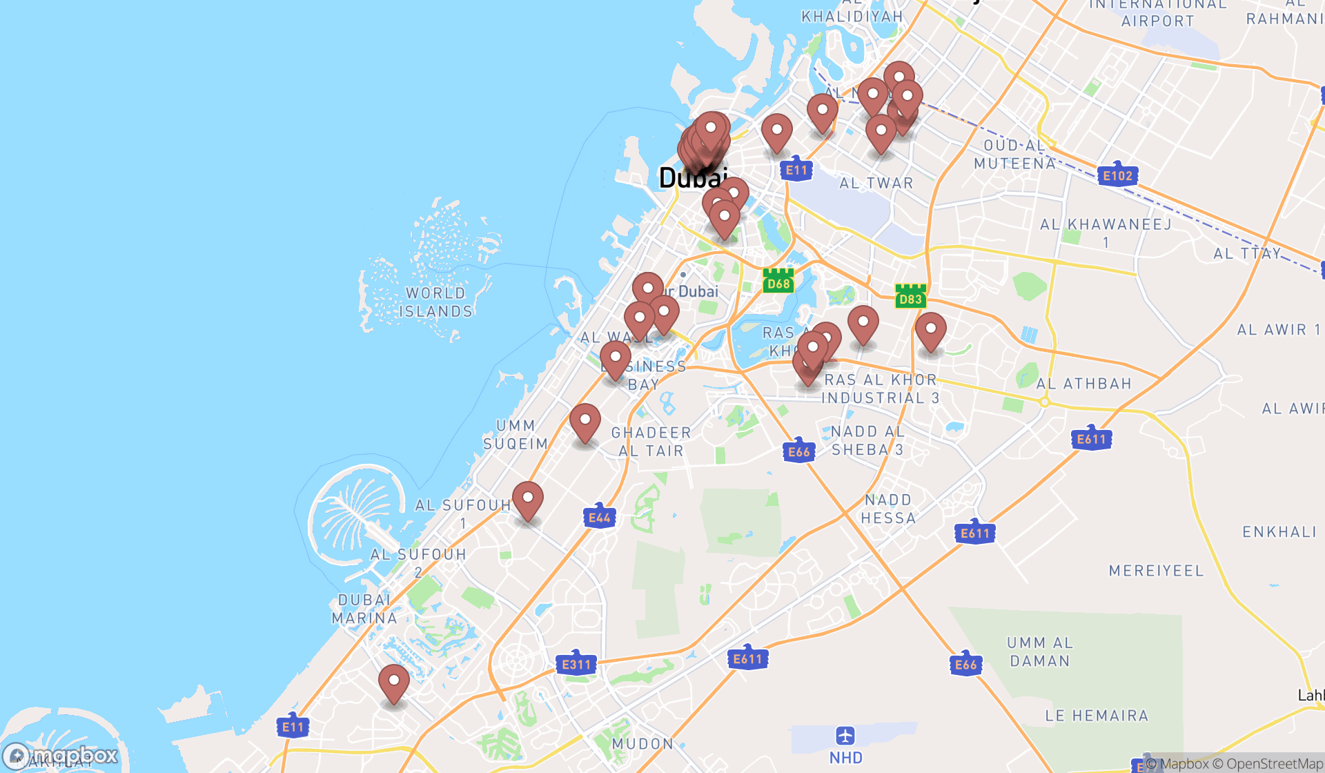 Map showing the search results in Dubai