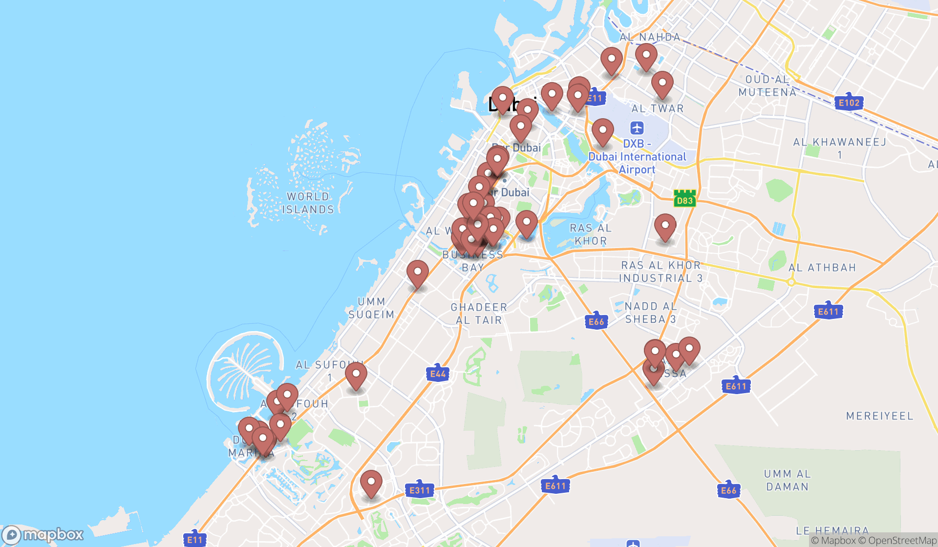 Map showing the search results in Dubai