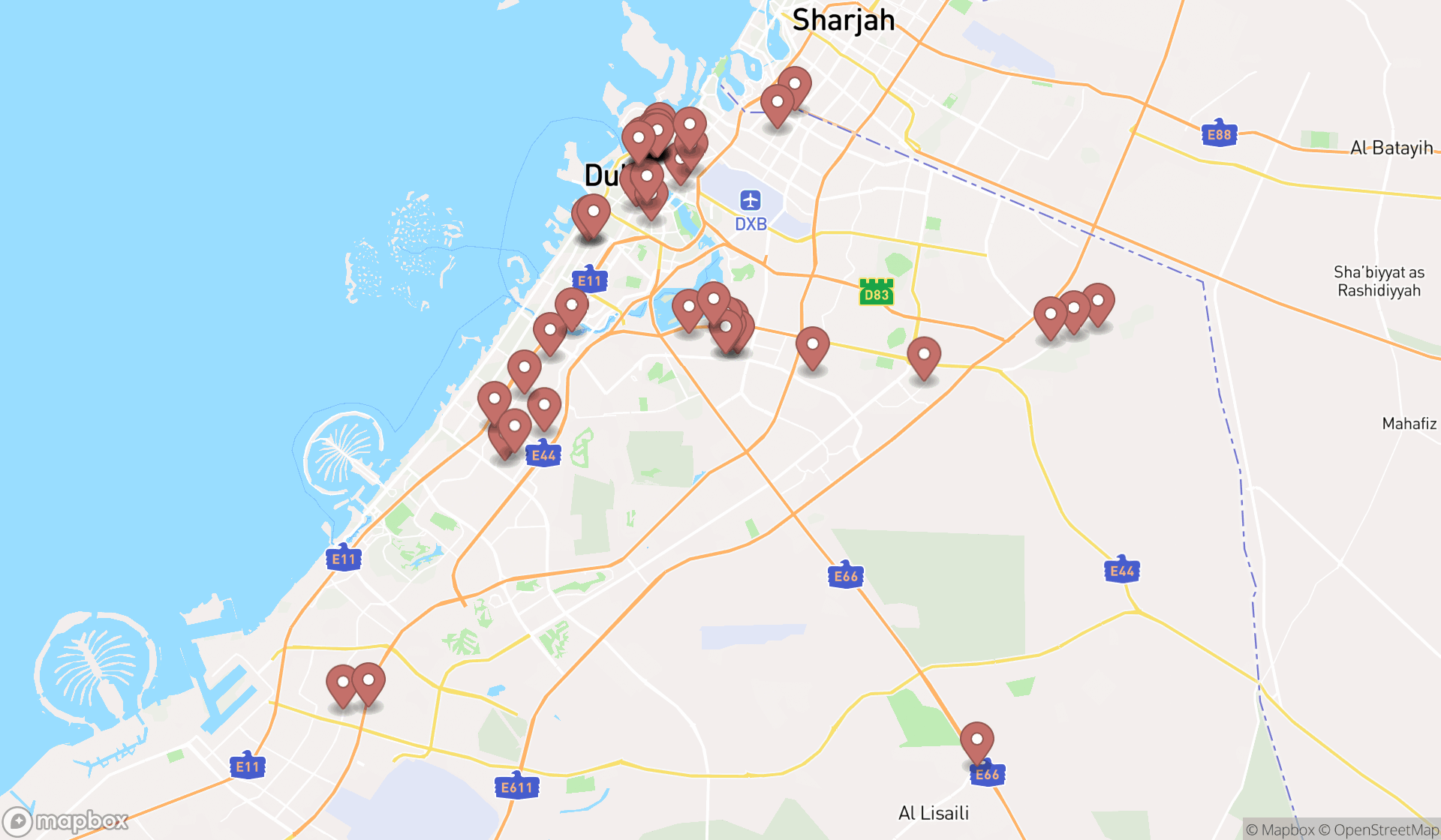 Map showing the search results in Dubai