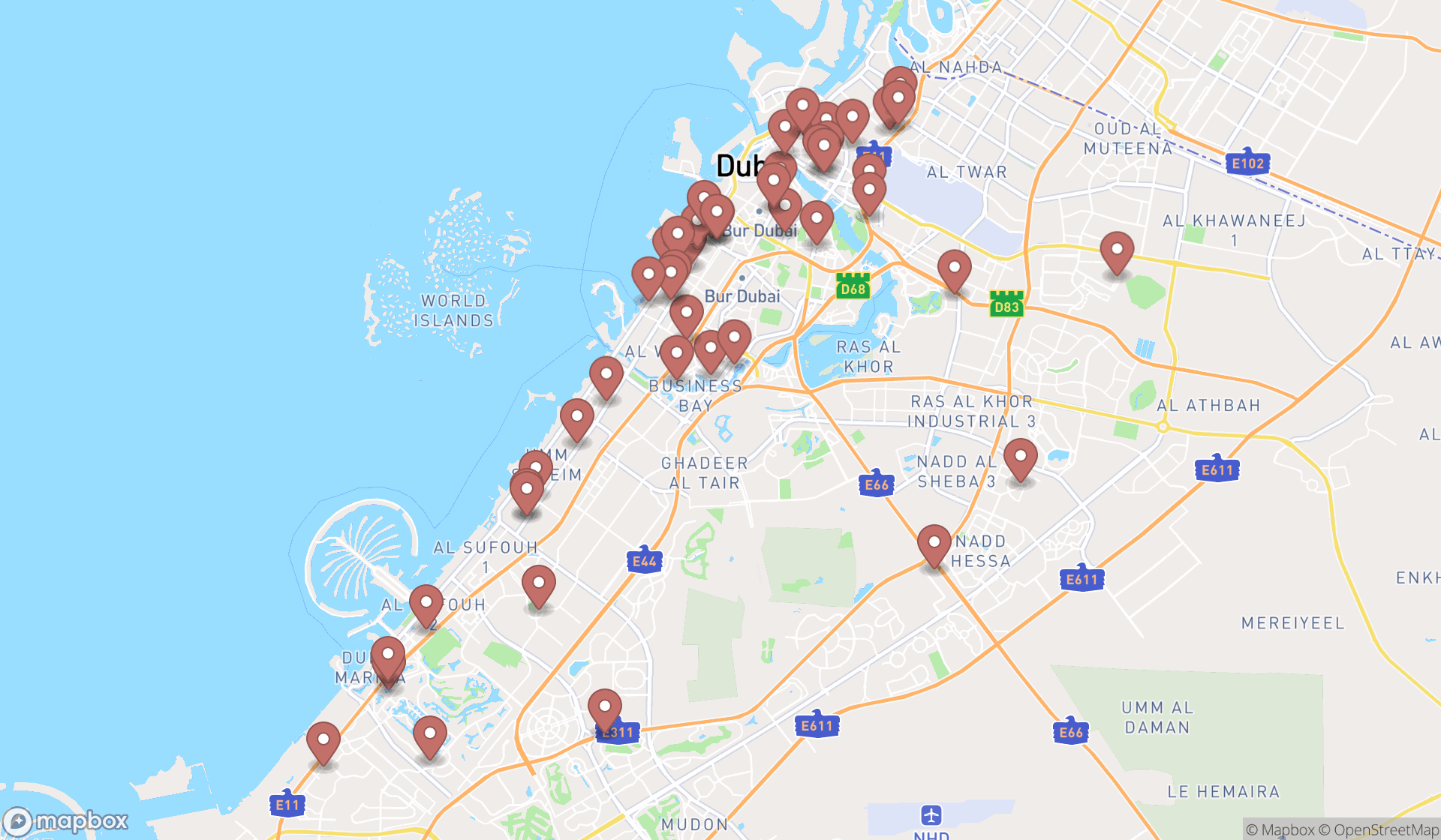 Map showing the search results in Dubai