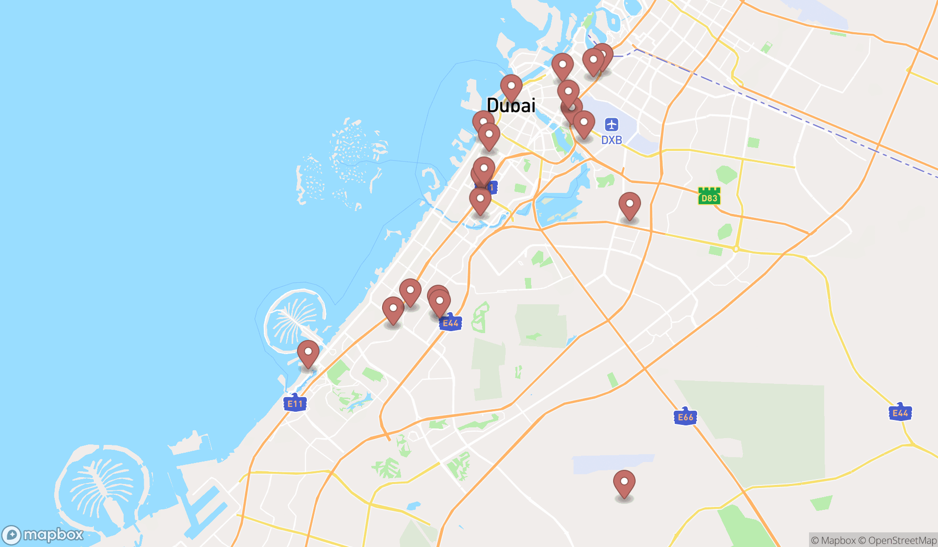 Map showing the search results in Dubai