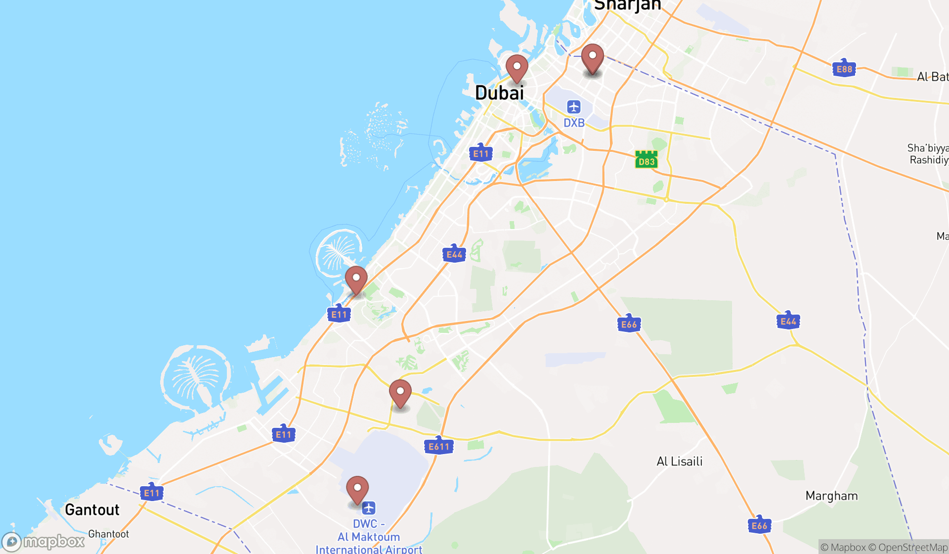 Map showing the search results in Dubai