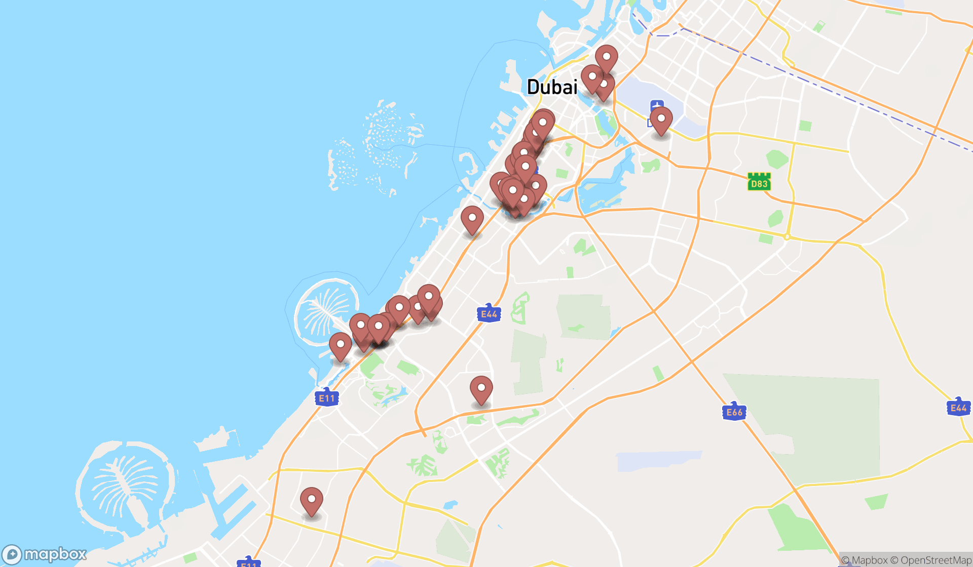 Map showing the search results in Dubai