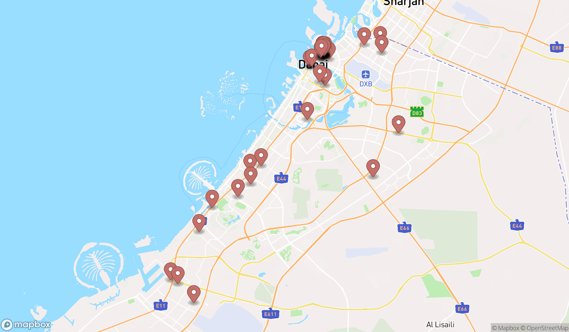 Map showing the search results in Dubai
