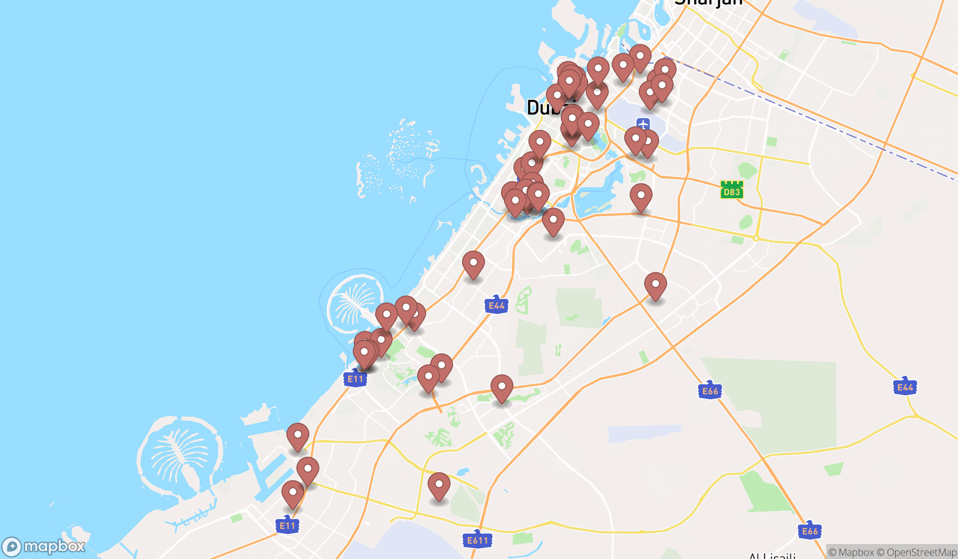 Map showing the search results in Dubai