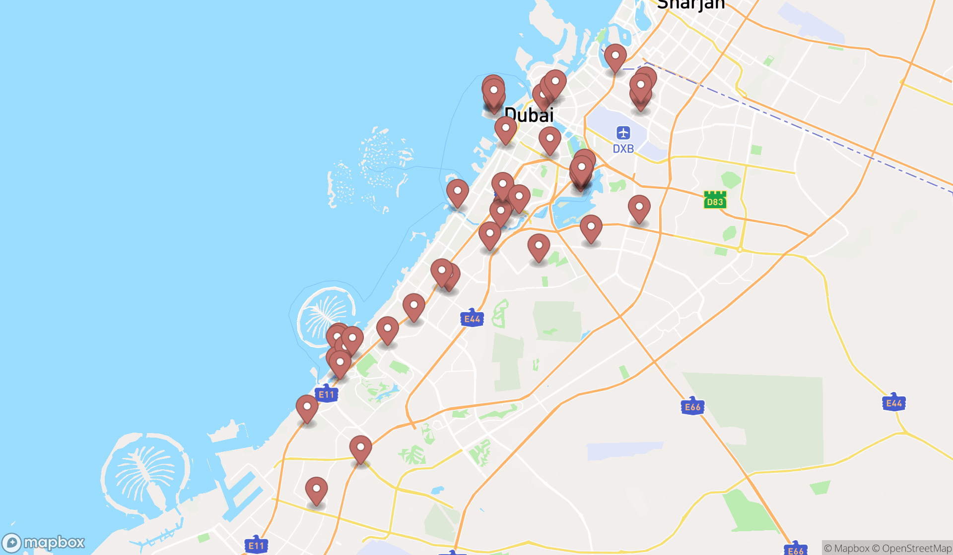 Map showing the search results in Dubai