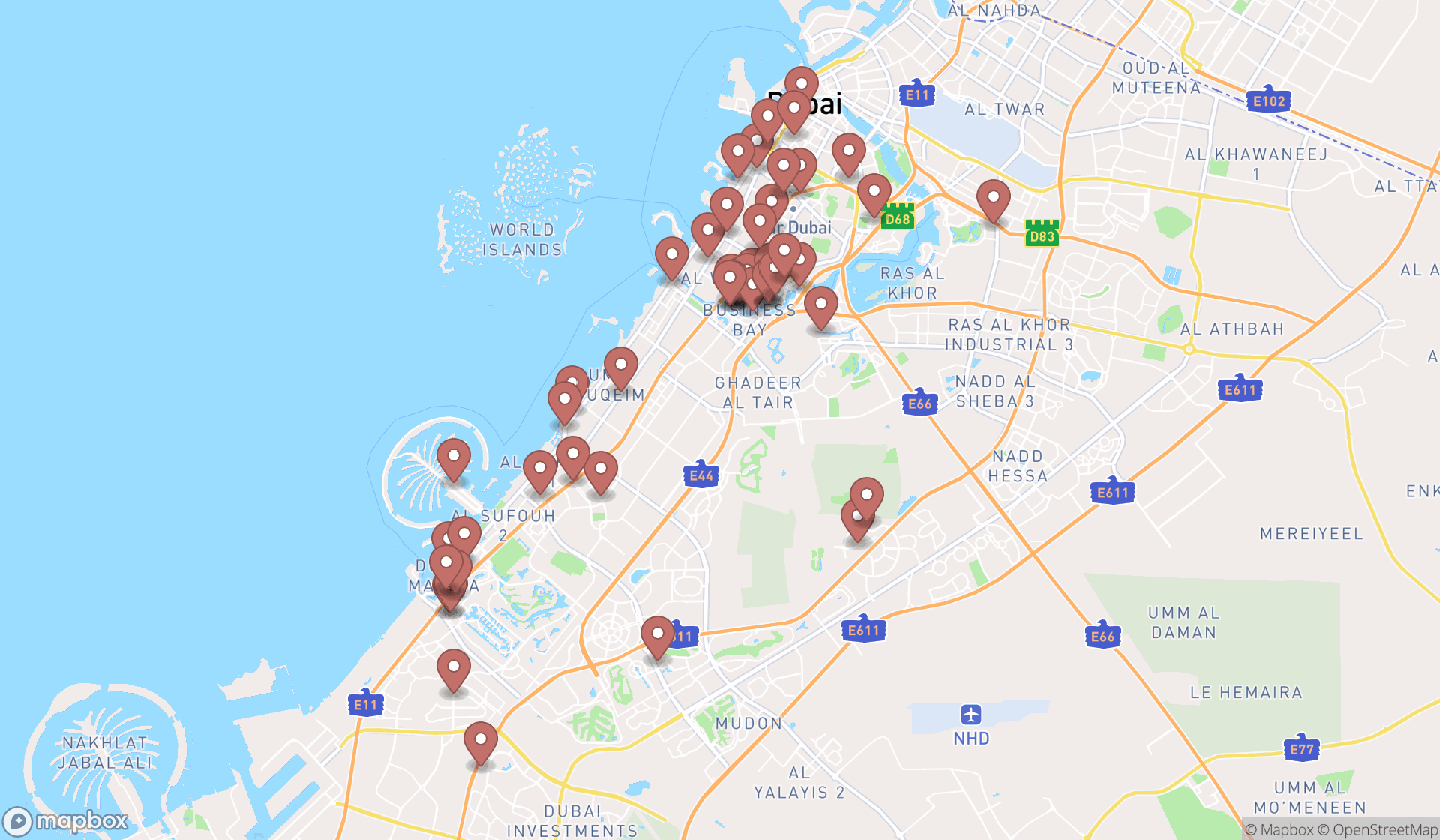 Map showing the search results in Dubai