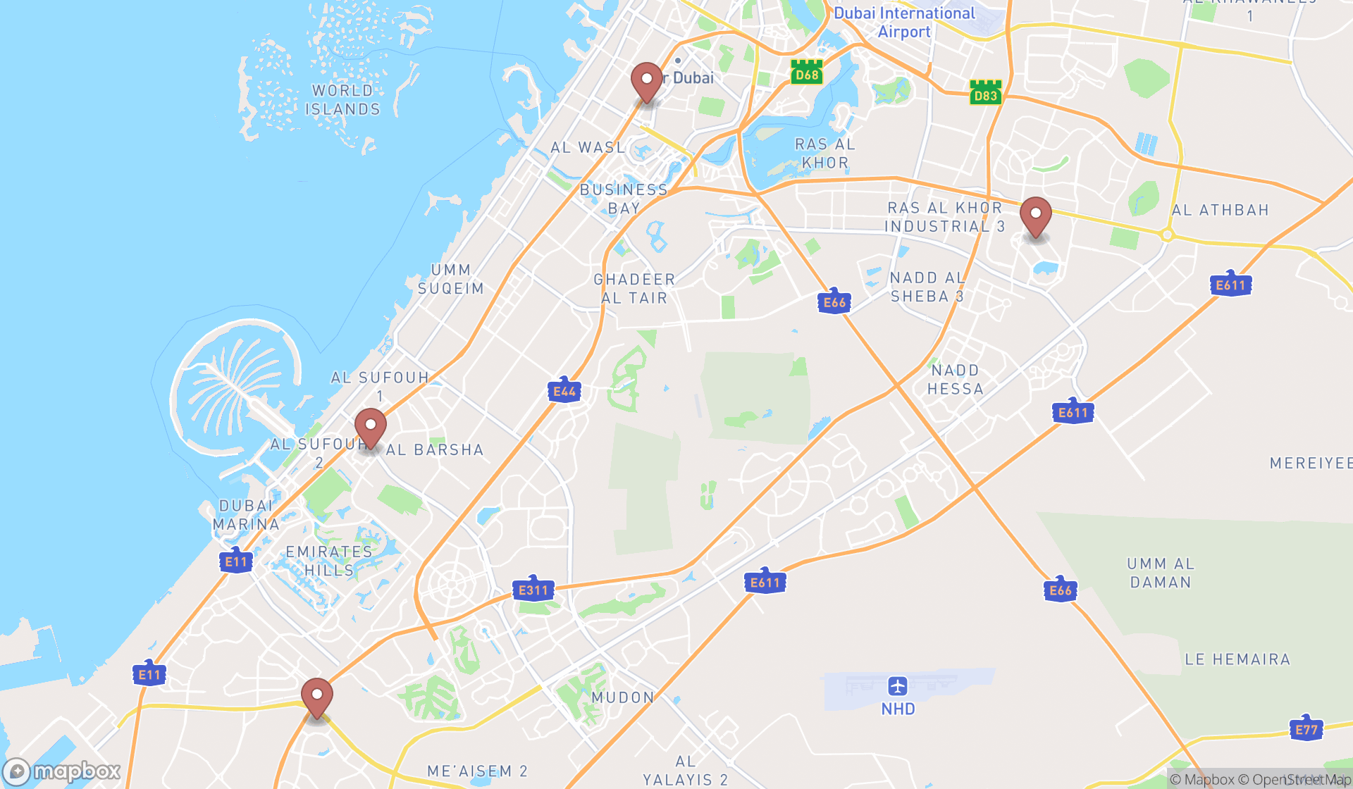 Map showing the search results in Dubai