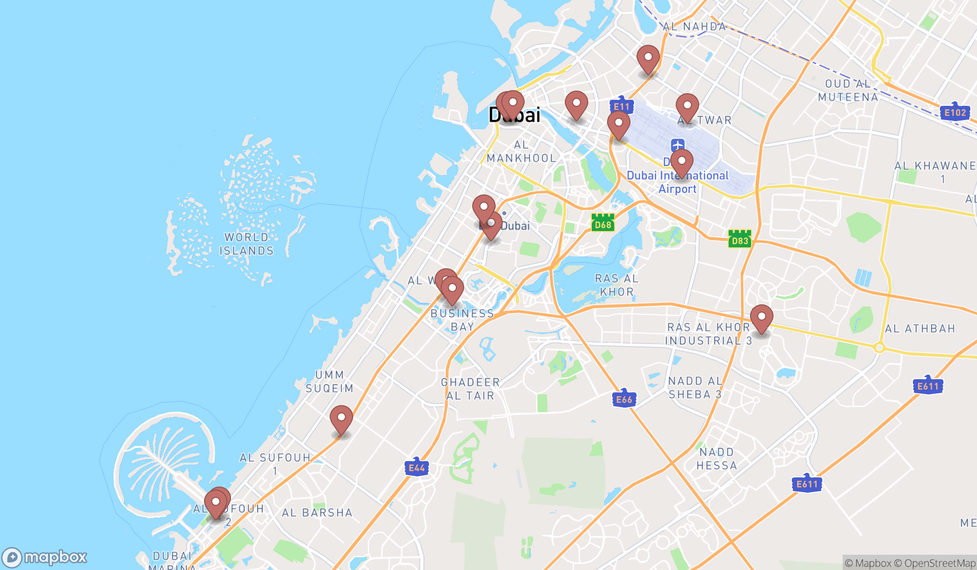 Map showing the search results in Dubai