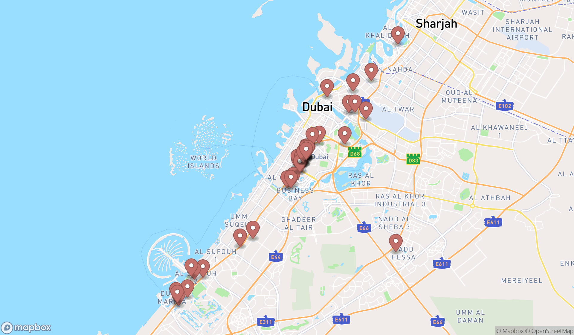 Map showing the search results in Dubai