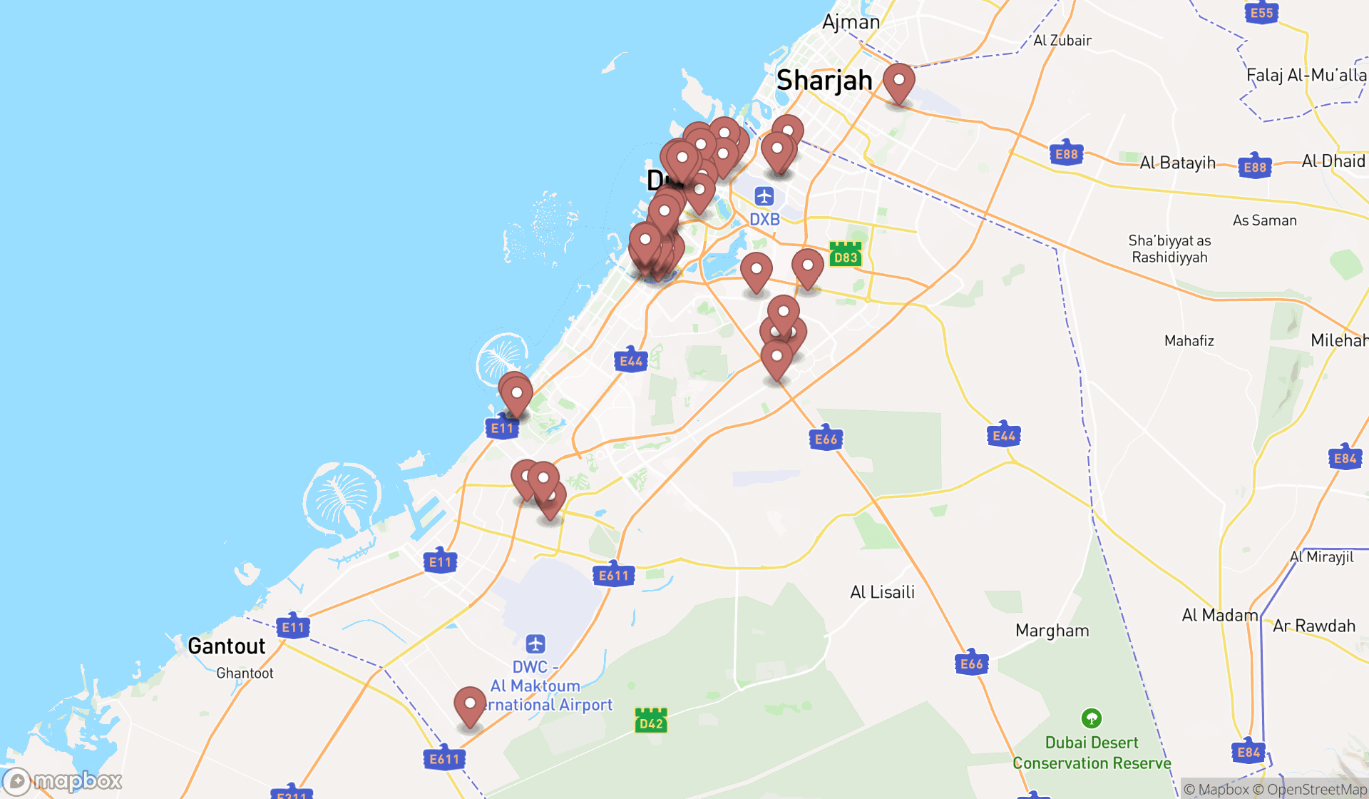 Map showing the search results in Dubai