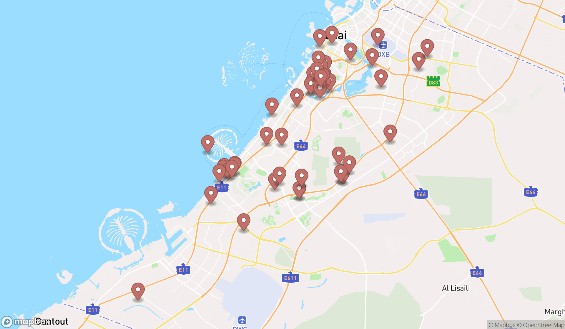 Map showing the search results in Dubai