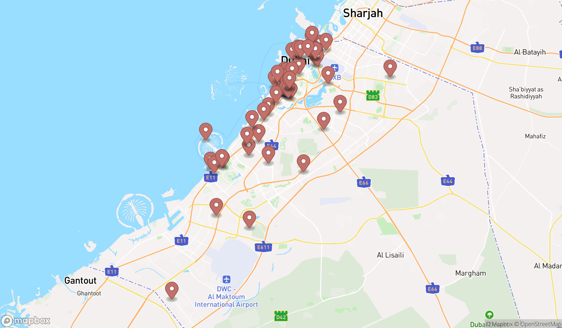 Map showing the search results in Dubai