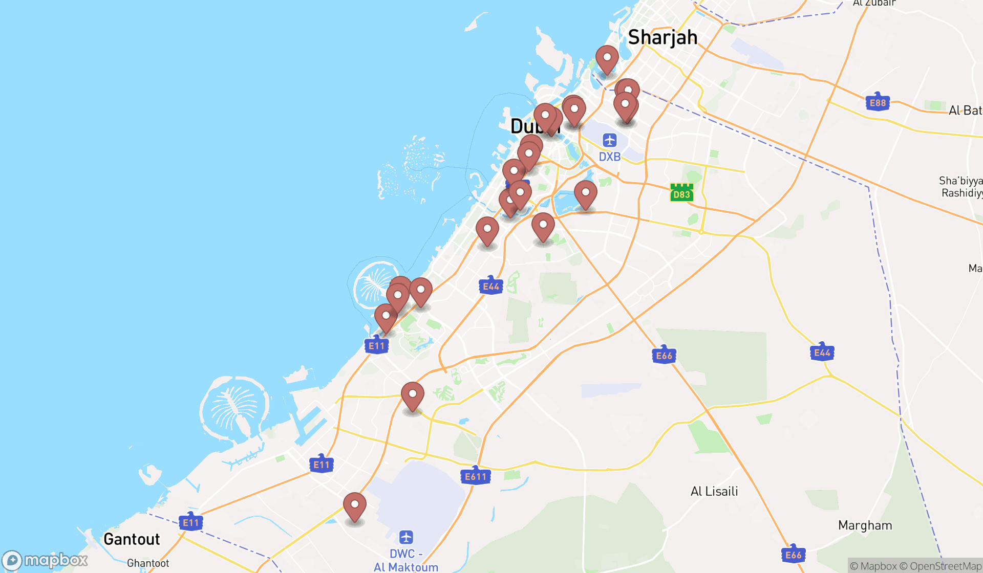 Map showing the search results in Dubai