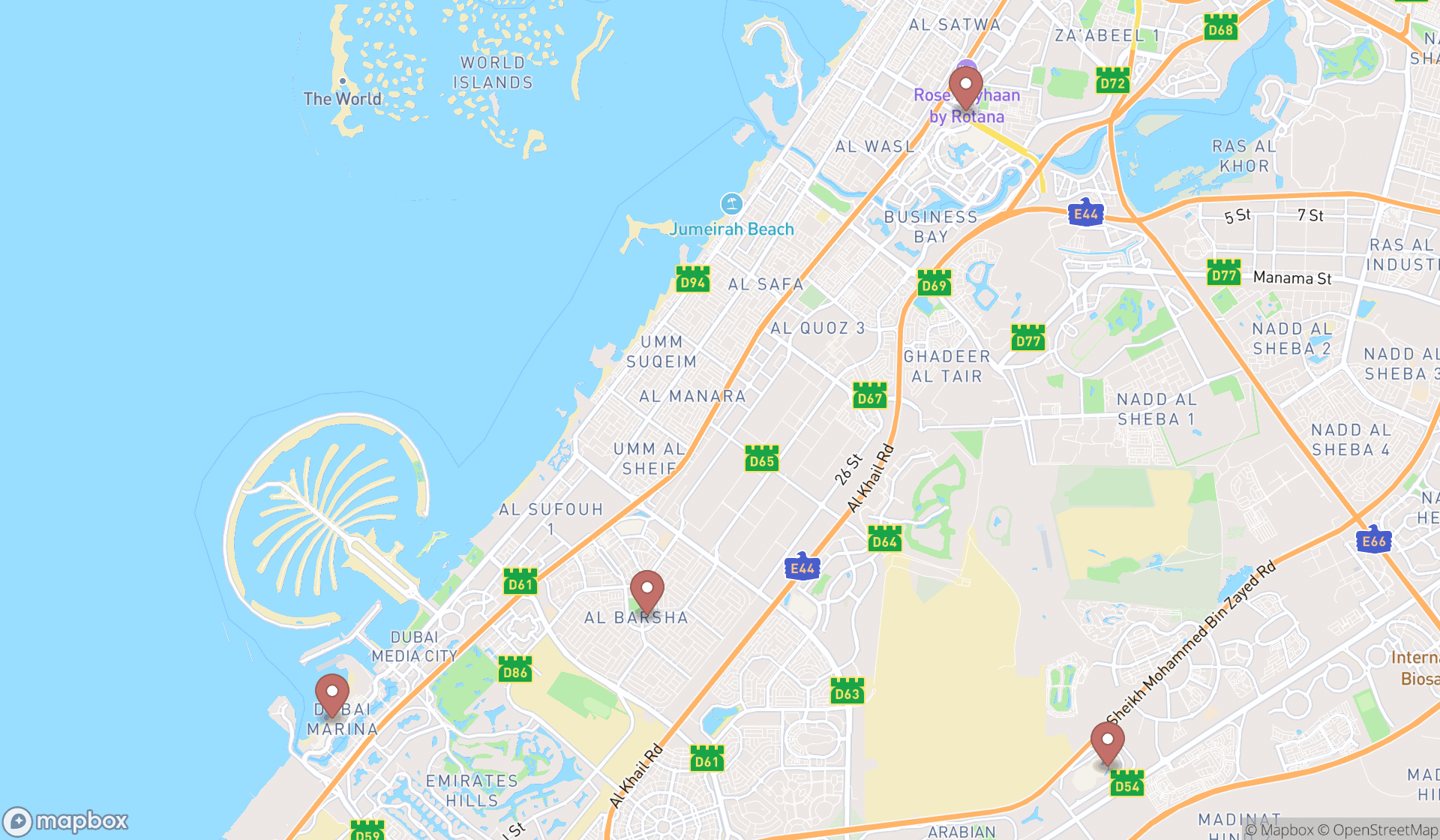 Map showing the search results in Dubai