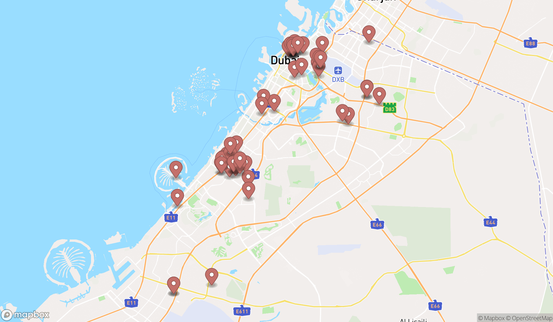 Map showing the search results in Dubai
