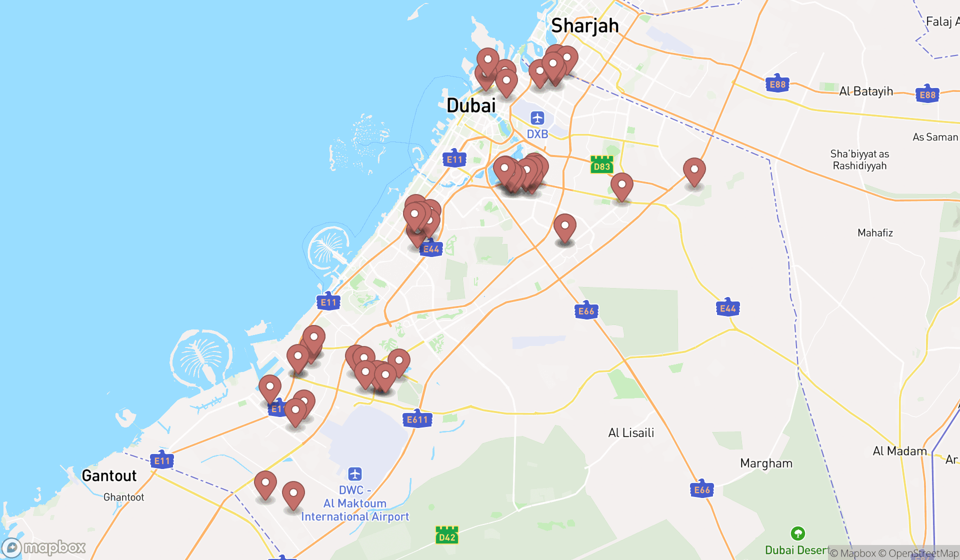 Map showing the search results in Dubai