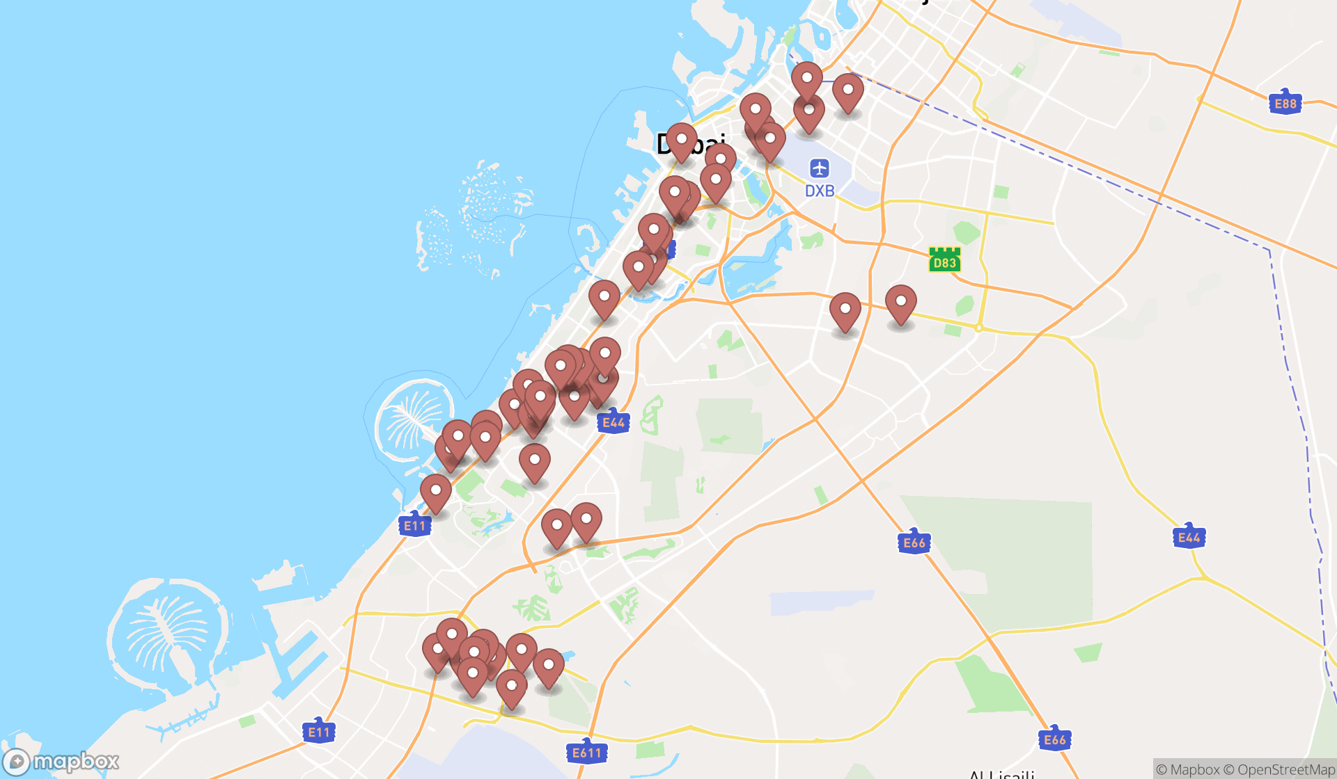 Map showing the search results in Dubai
