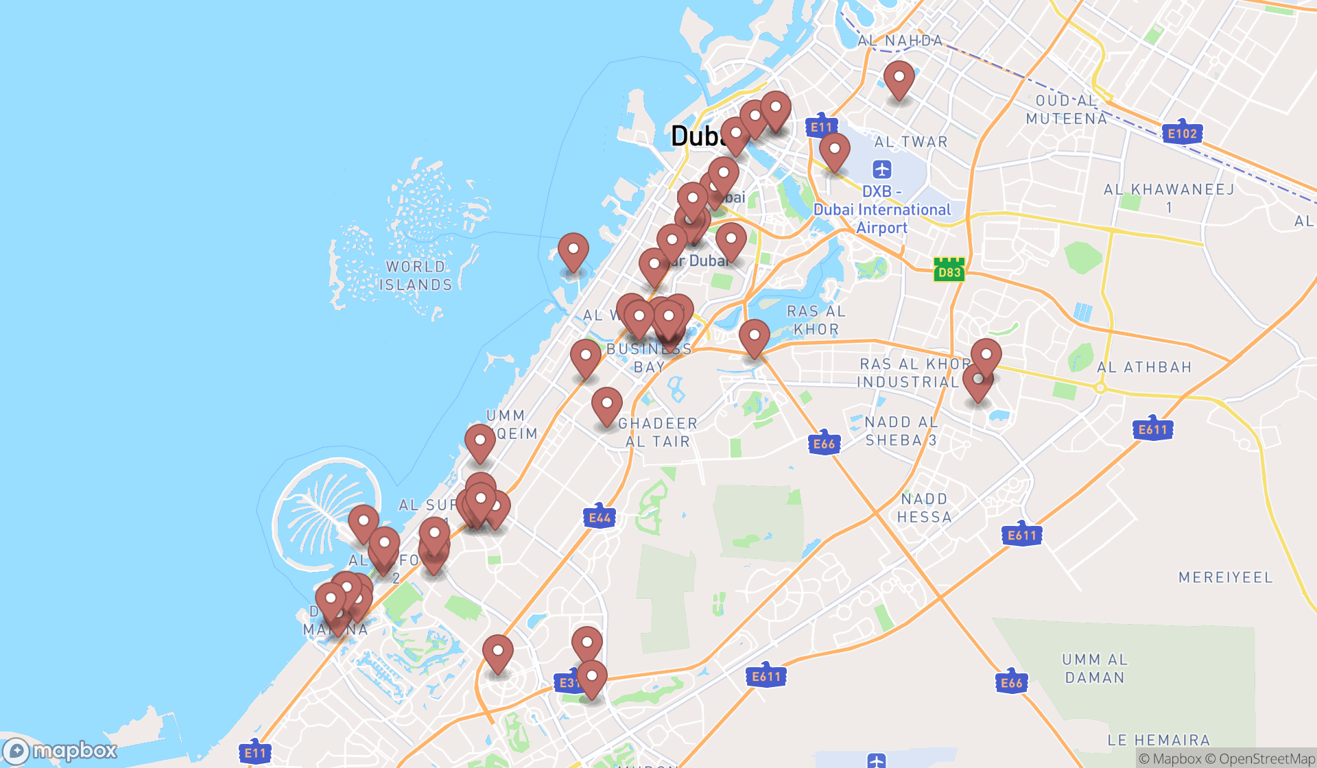 Map showing the search results in Dubai